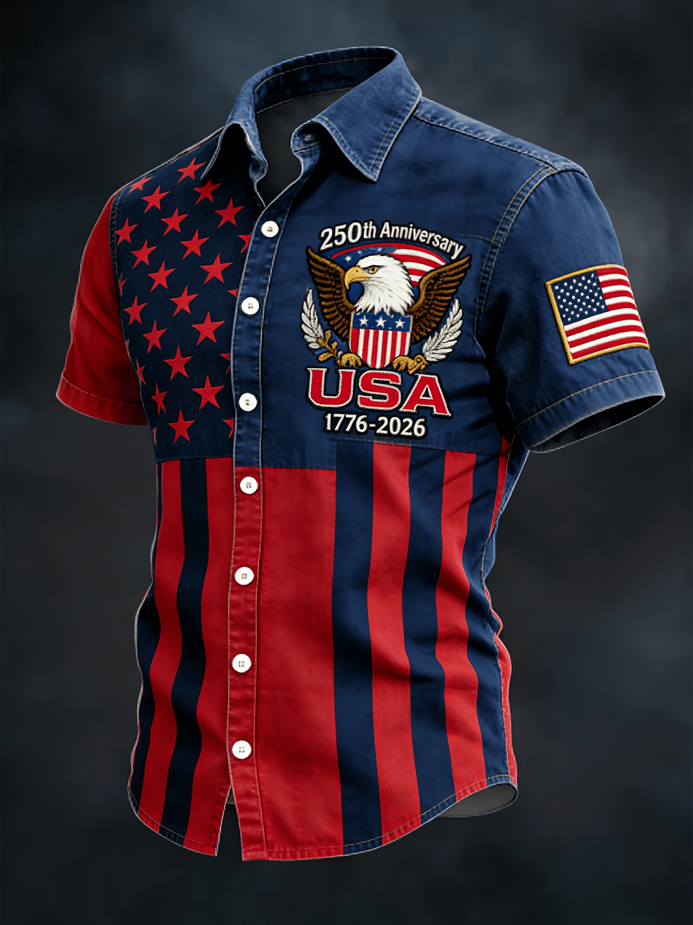 Retro Star & Stripe USA Eagle Hawaiian Shirt – Distressed Denim Flag Design with 1776-2026 Patch, Beach Vacation Top