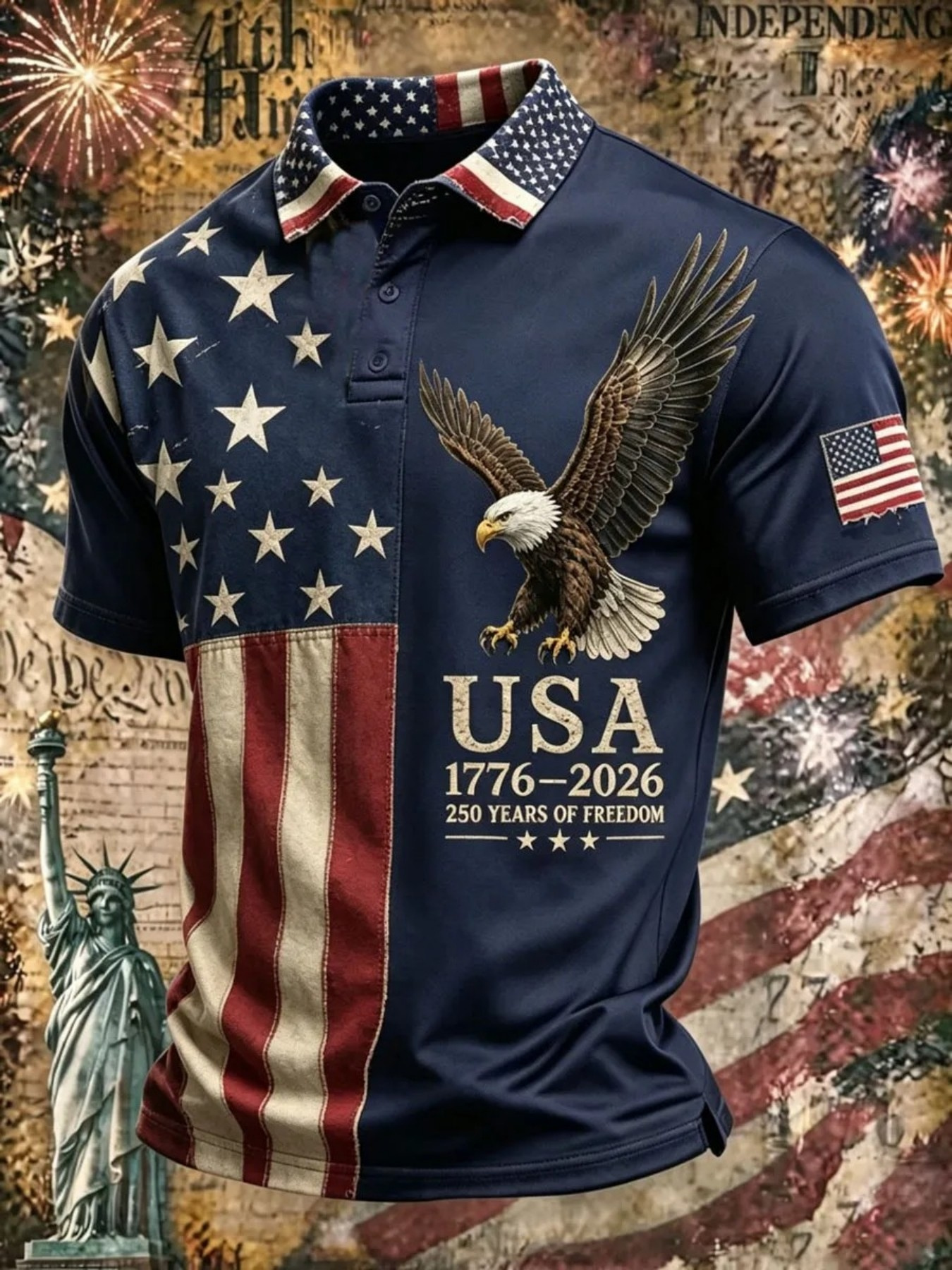 Men's Patriotic Eagle & USA Flag Print Golf Polo Shirt, 1776-2026 250 Years of Freedom Short Sleeve Casual Top
