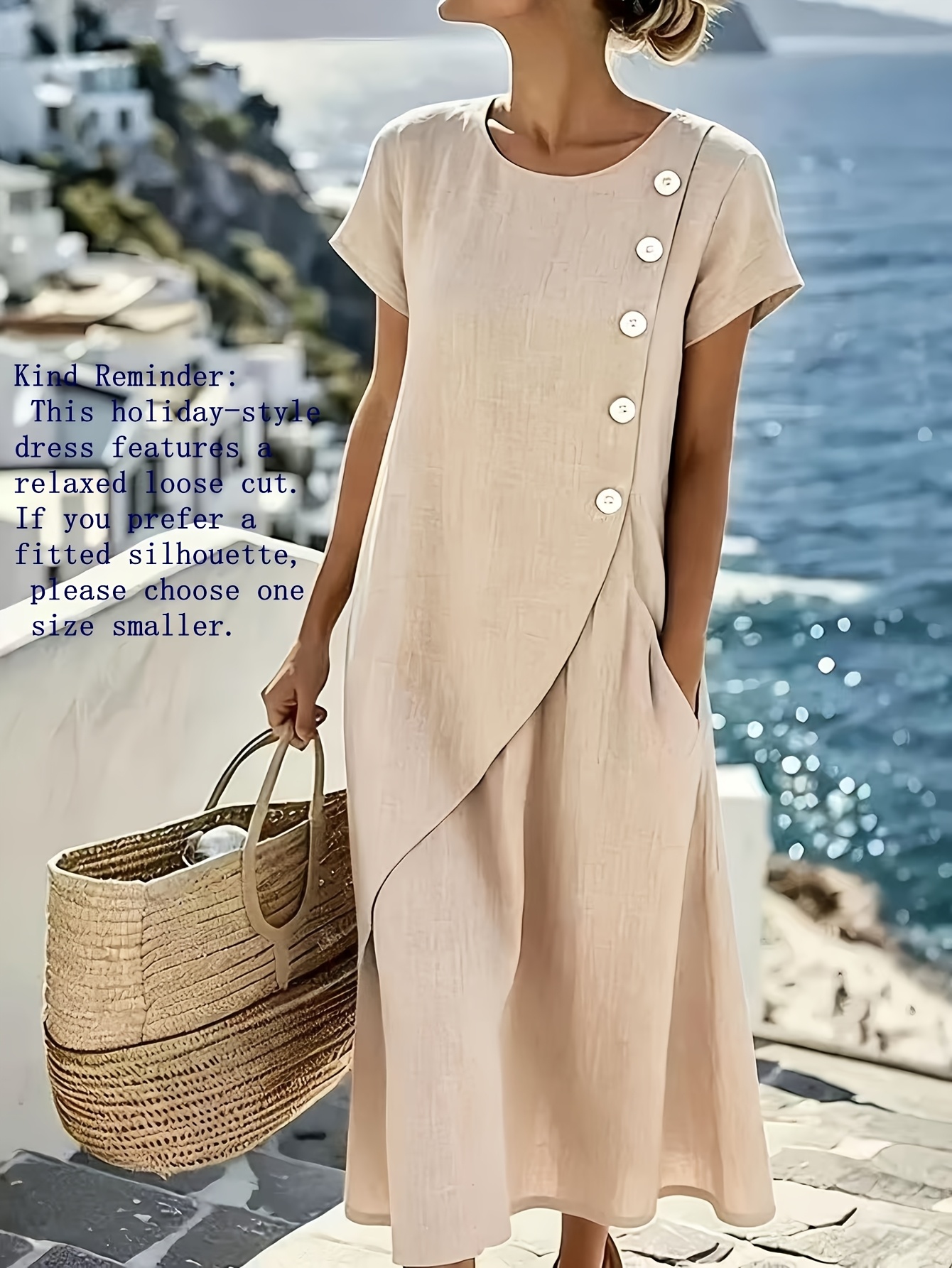 Women's Linen Blend Midi Dress, Round Neck Short Sleeve Casual Dress with Button Detail and Pockets