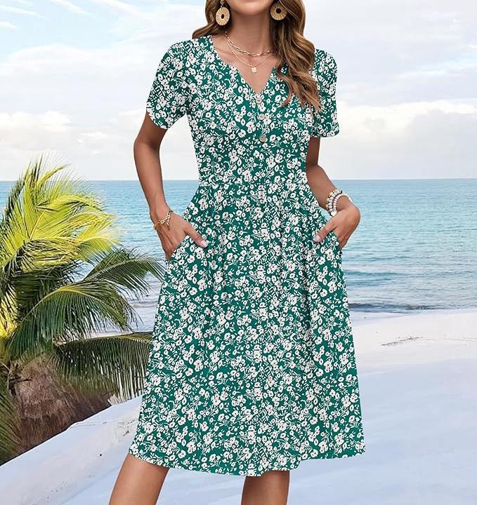 Women's Ditsy Spot Print V-Neck Midi Dress, Short Sleeve Button Detail A-Line Dress with Pockets