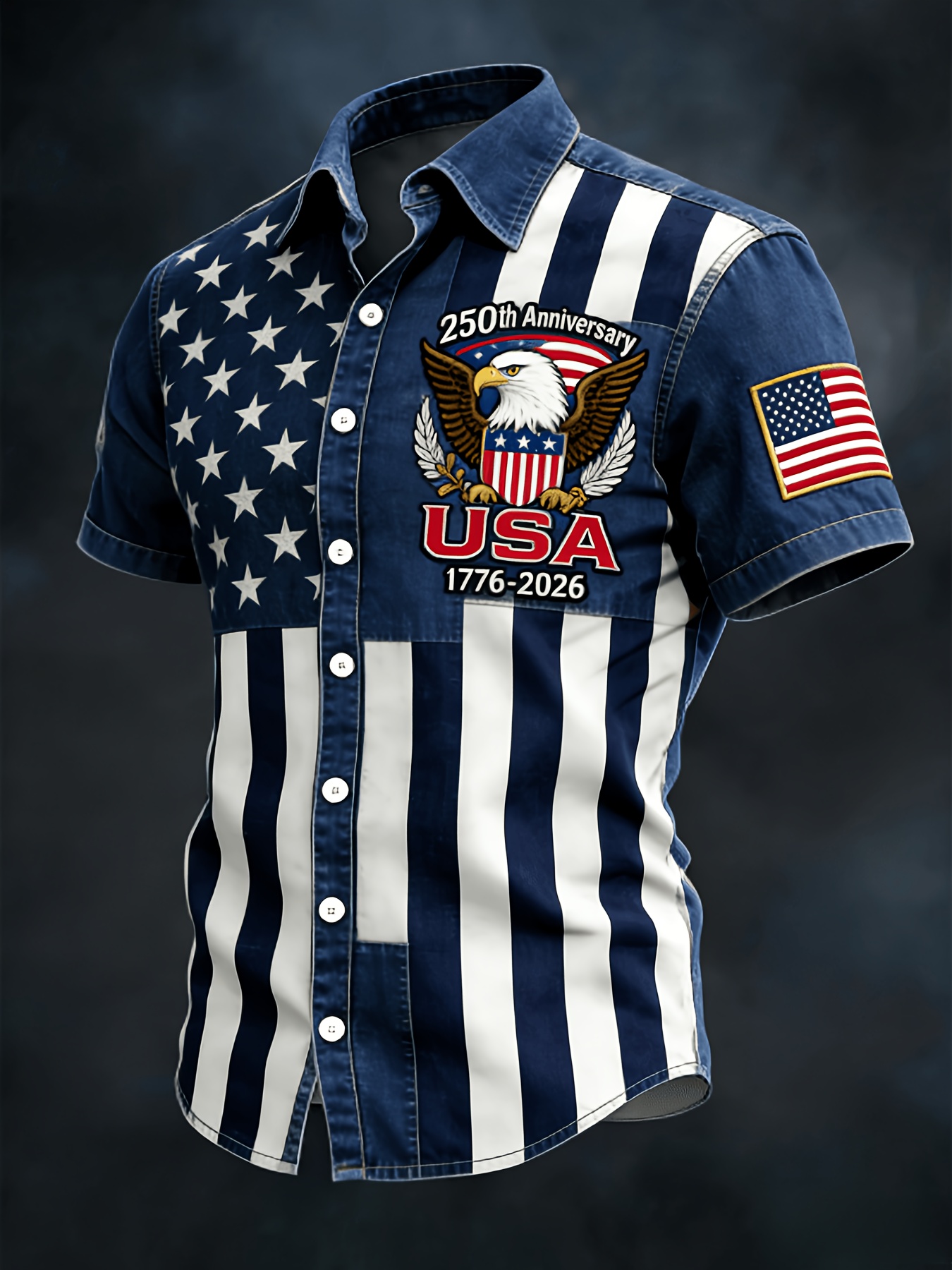 Retro Star & Stripe USA Eagle Hawaiian Shirt – Distressed Denim Flag Design with 1776-2026 Patch, Beach Vacation Top