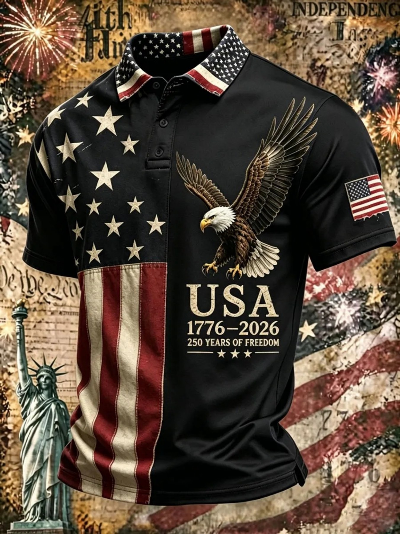 Men's Patriotic Eagle & USA Flag Print Golf Polo Shirt, 1776-2026 250 Years of Freedom Short Sleeve Casual Top
