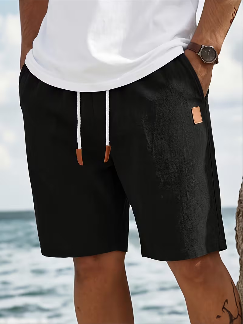 Men’s linen casual shorts with an elastic waistband and drawstring, summer beach shorts featuring leather patches
