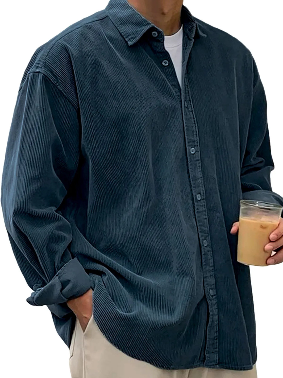 Men’s Oversized Corduroy Button-Down Shirt – Soft Casual Long Sleeve Corduroy Top
