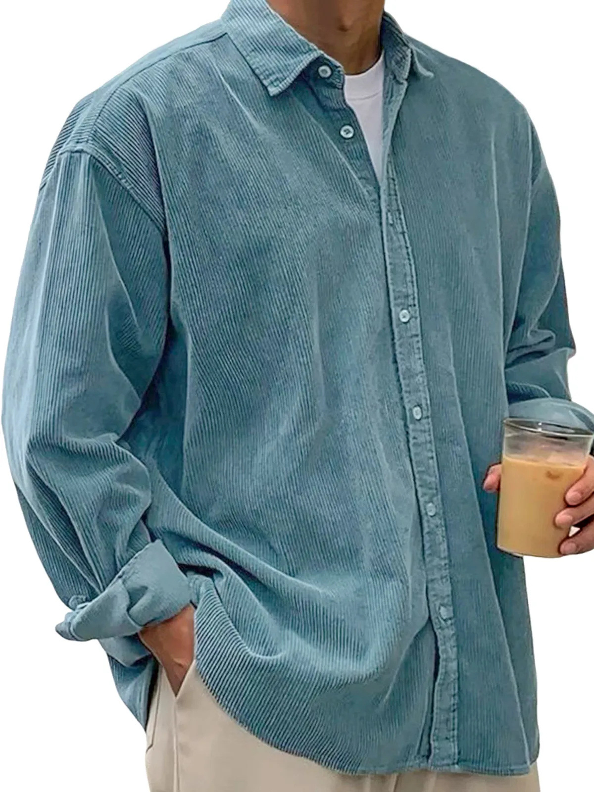 Men’s Oversized Corduroy Button-Down Shirt – Soft Casual Long Sleeve Corduroy Top