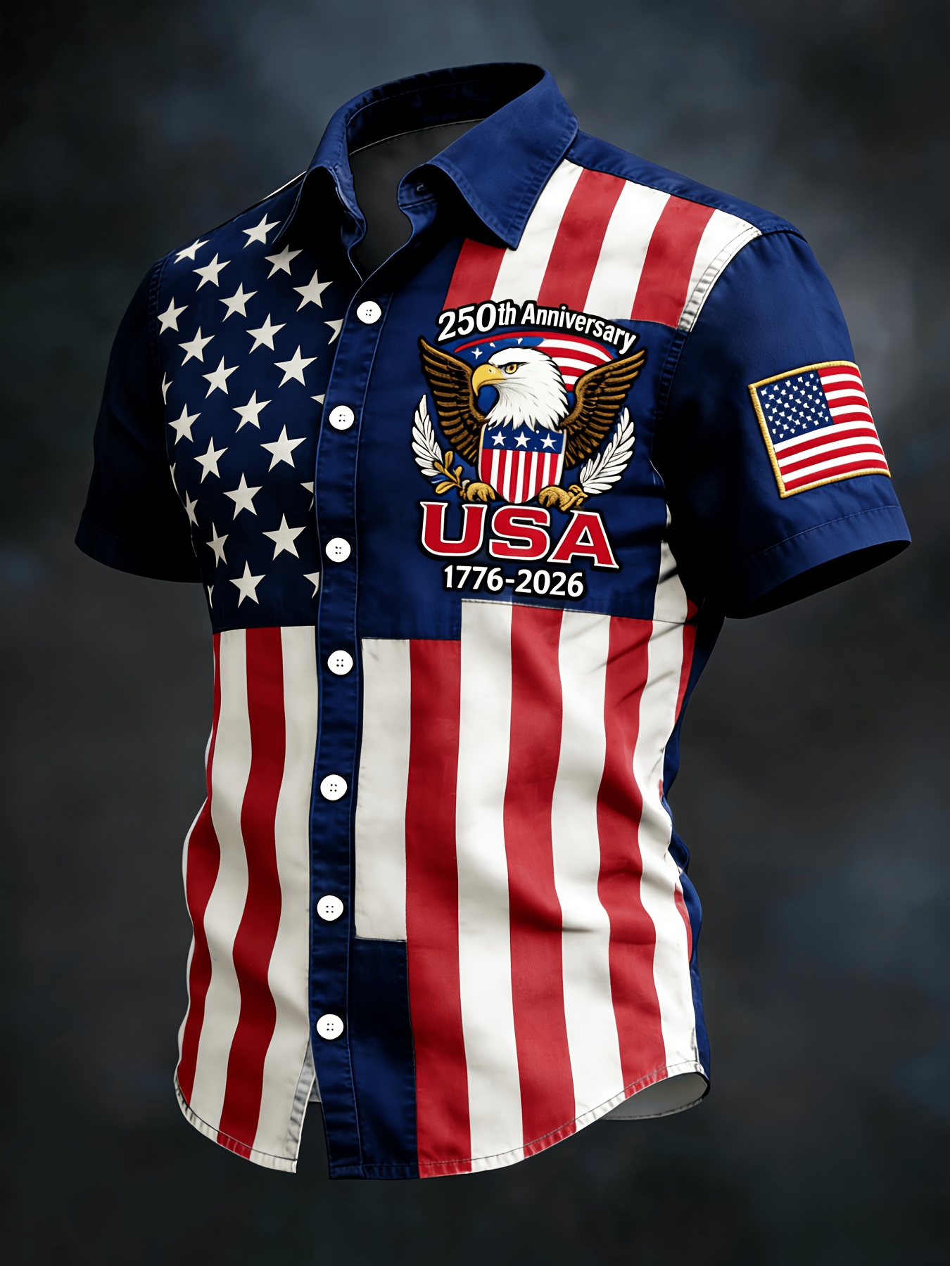 Retro Star & Stripe USA Eagle Hawaiian Shirt – Distressed Denim Flag Design with 1776-2026 Patch, Beach Vacation Top