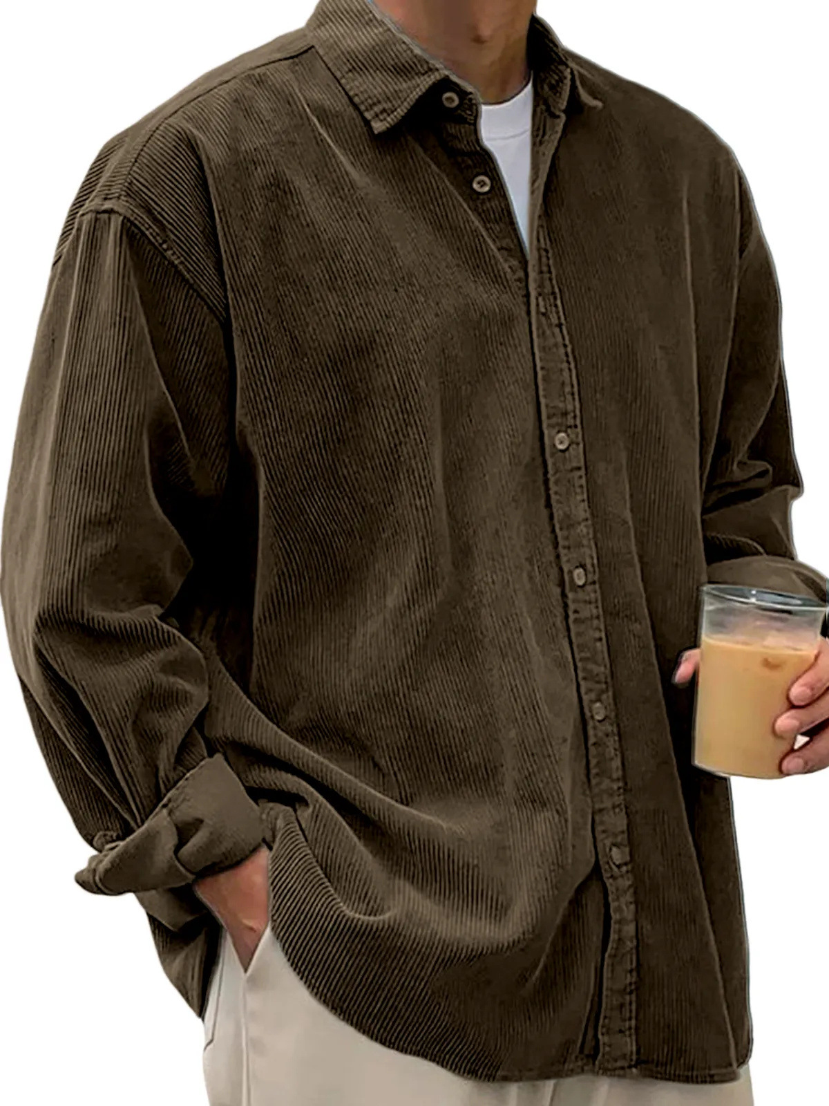 Men’s Oversized Corduroy Button-Down Shirt – Soft Casual Long Sleeve Corduroy Top