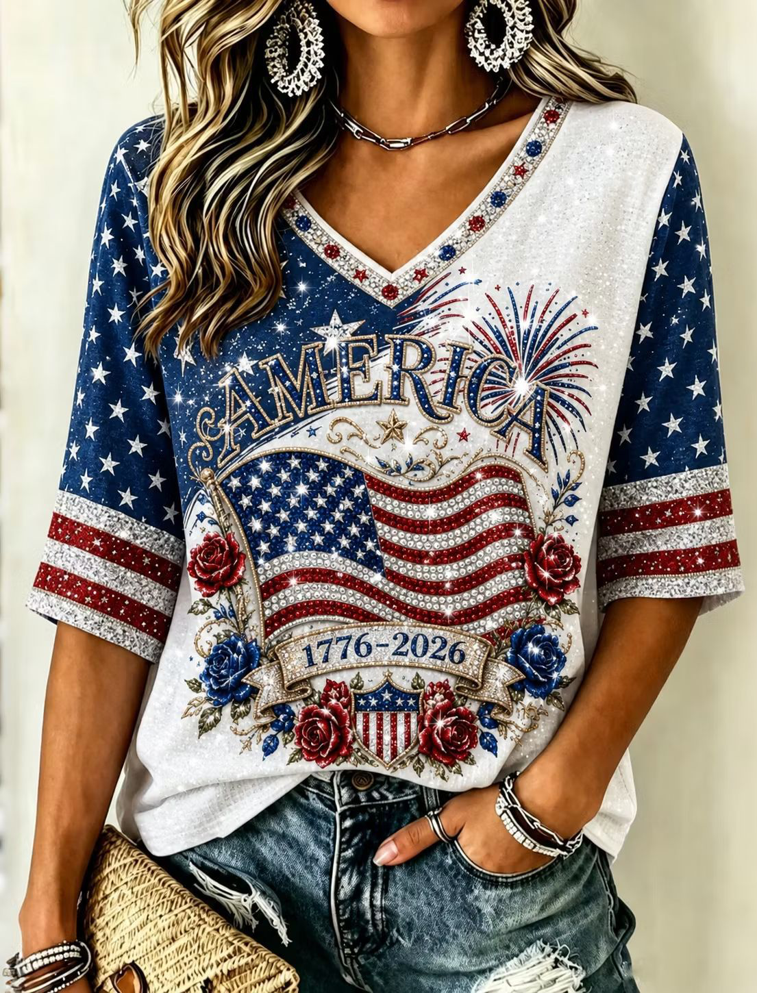 America 1776-2026 Glitter Flag V-Neck T-Shirt – Floral & Firework Print, Patriotic Short Sleeve Casual Top