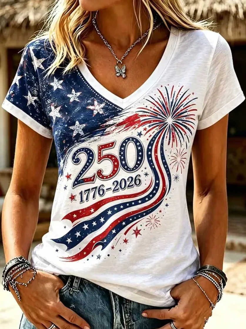 1776-2026 American Freedom Celebration Tee – Sparkle Star Sleeve & Firework Graphic, Black Short Sleeve V-Neck Top