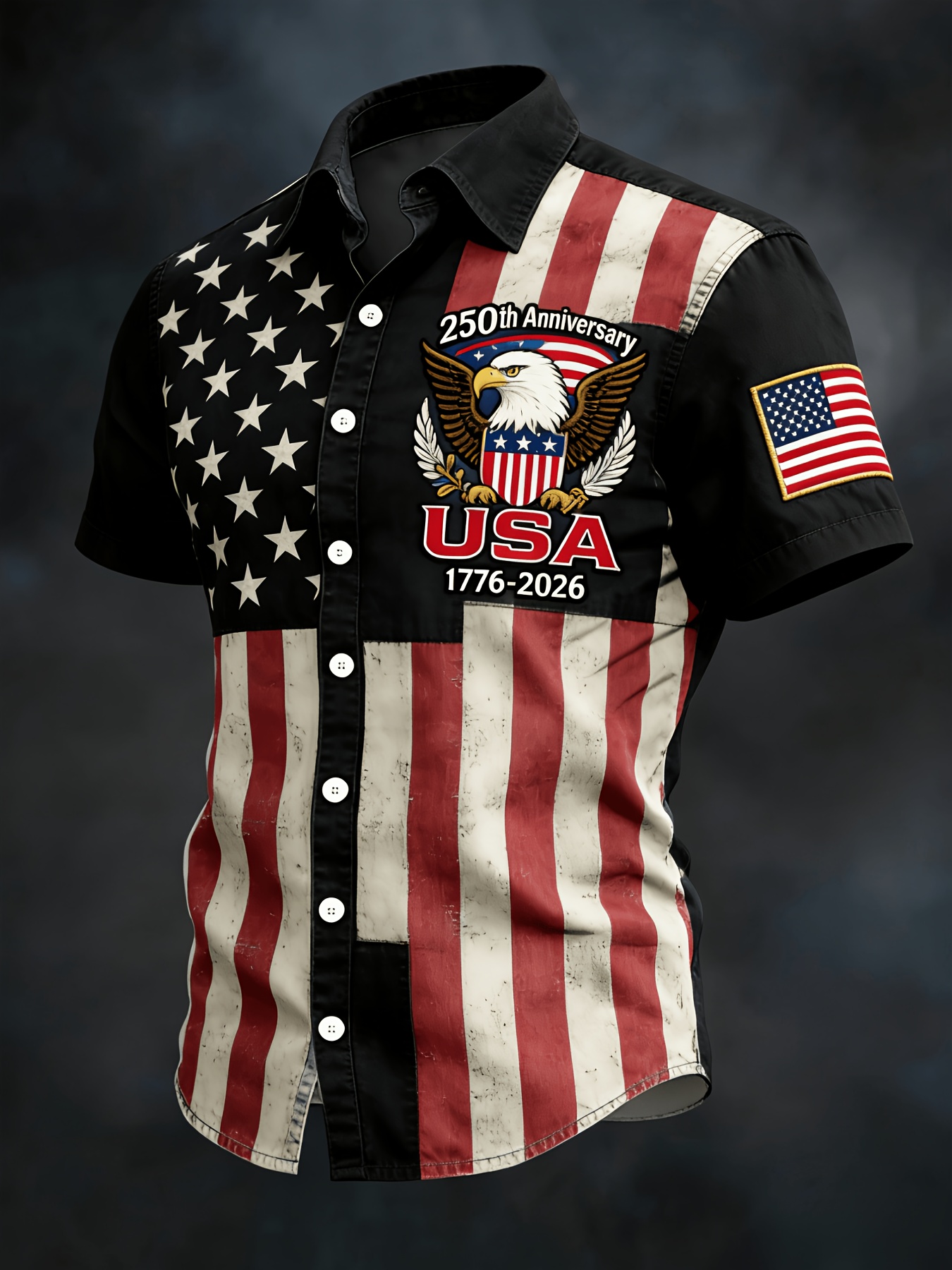 Retro Star & Stripe USA Eagle Hawaiian Shirt – Distressed Denim Flag Design with 1776-2026 Patch, Beach Vacation Top