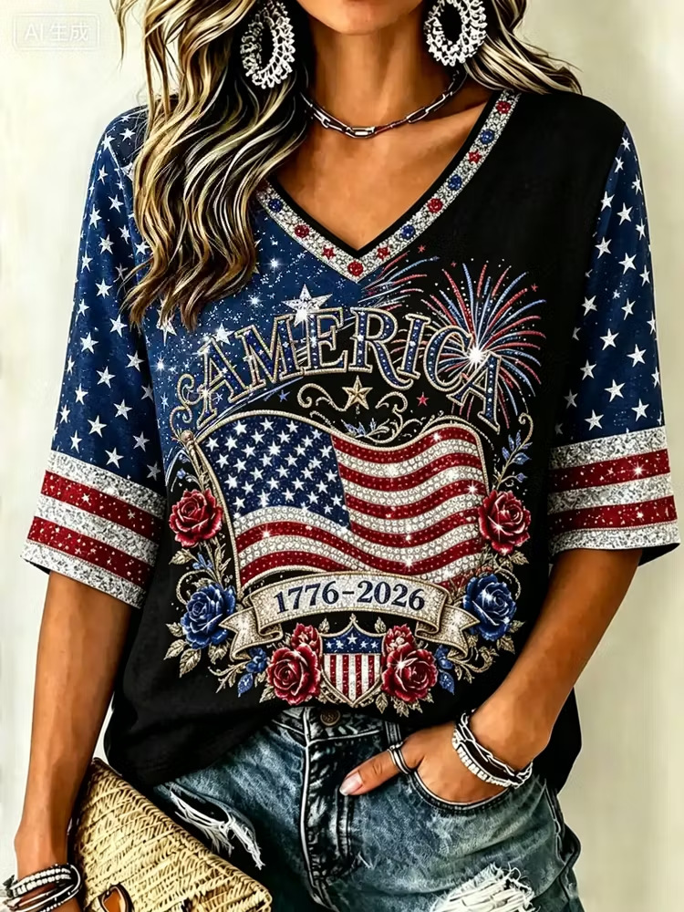 America 1776-2026 Glitter Flag V-Neck T-Shirt – Floral & Firework Print, Patriotic Short Sleeve Casual Top