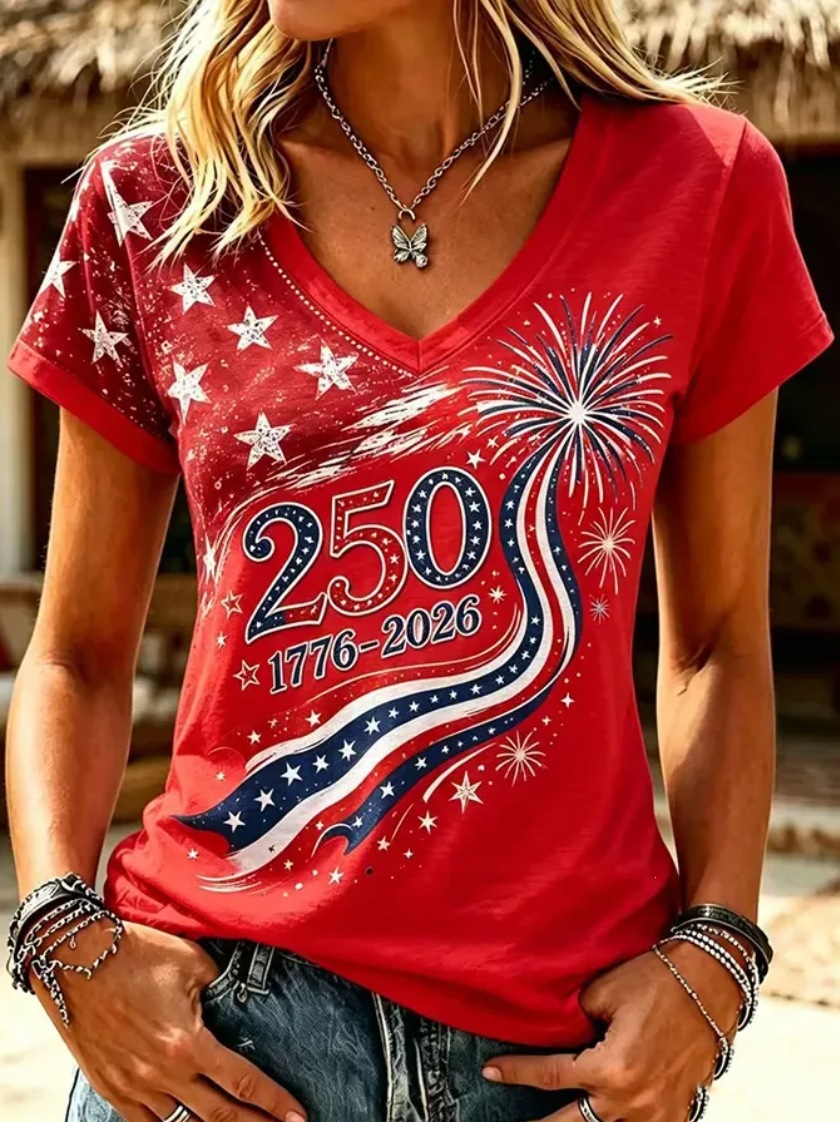 1776-2026 American Freedom Celebration Tee – Sparkle Star Sleeve & Firework Graphic, Black Short Sleeve V-Neck Top