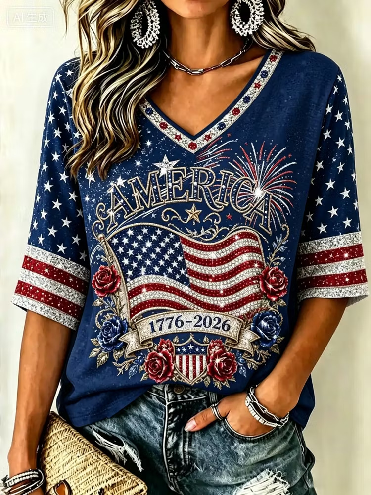 America 1776-2026 Glitter Flag V-Neck T-Shirt – Floral & Firework Print, Patriotic Short Sleeve Casual Top