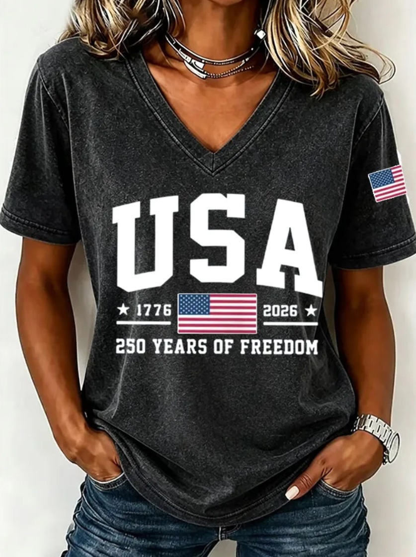 USA 250 Years of Freedom V-Neck T-Shirt – Vintage Washed Denim Blue with American Flag Print, Casual Patriotic Short Sleeve Top