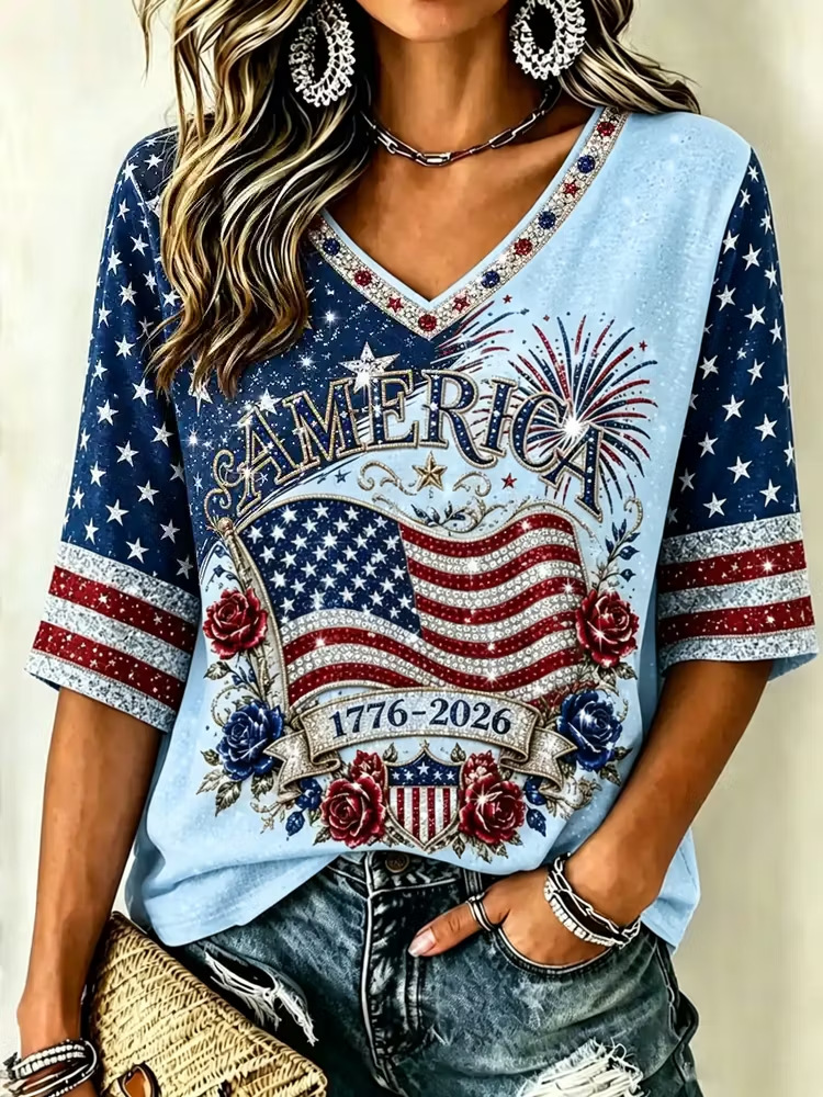 America 1776-2026 Glitter Flag V-Neck T-Shirt – Floral & Firework Print, Patriotic Short Sleeve Casual Top