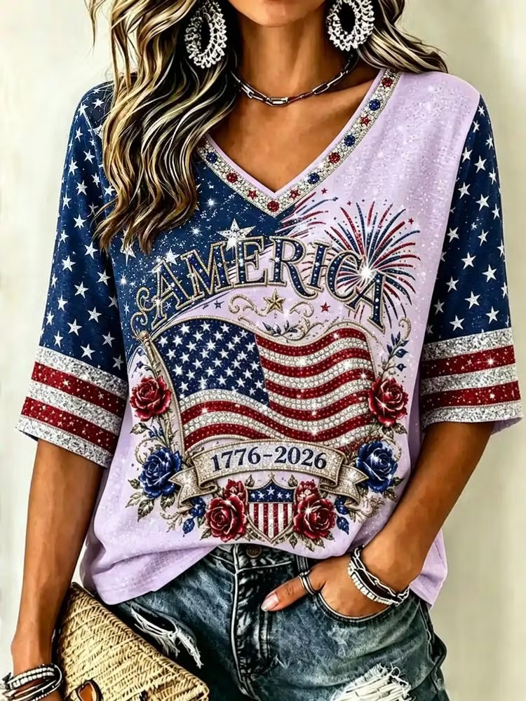 America 1776-2026 Glitter Flag V-Neck T-Shirt – Floral & Firework Print, Patriotic Short Sleeve Casual Top