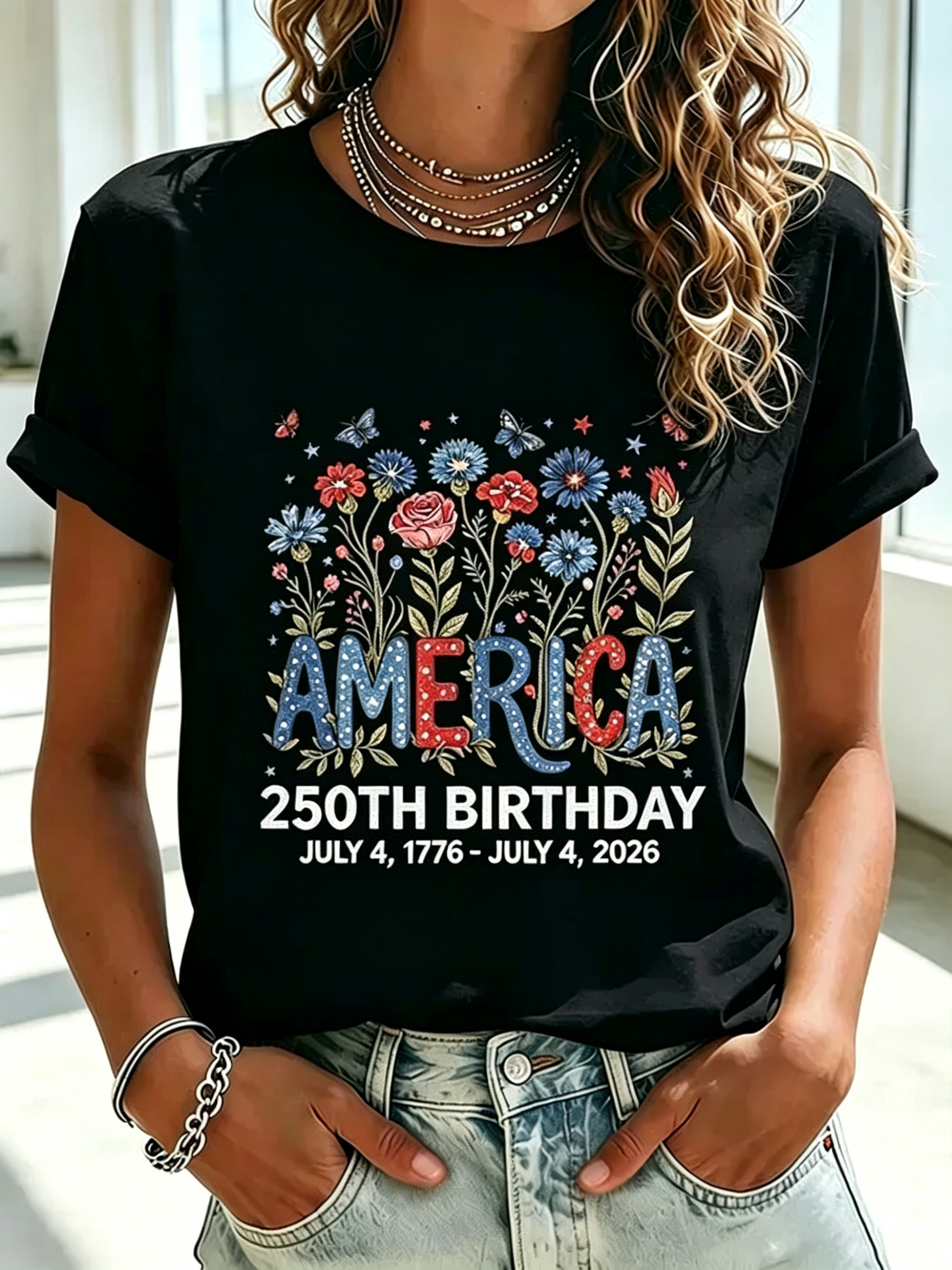 Women's 250 Years Of Freedom Flower Art Print T-shirt
