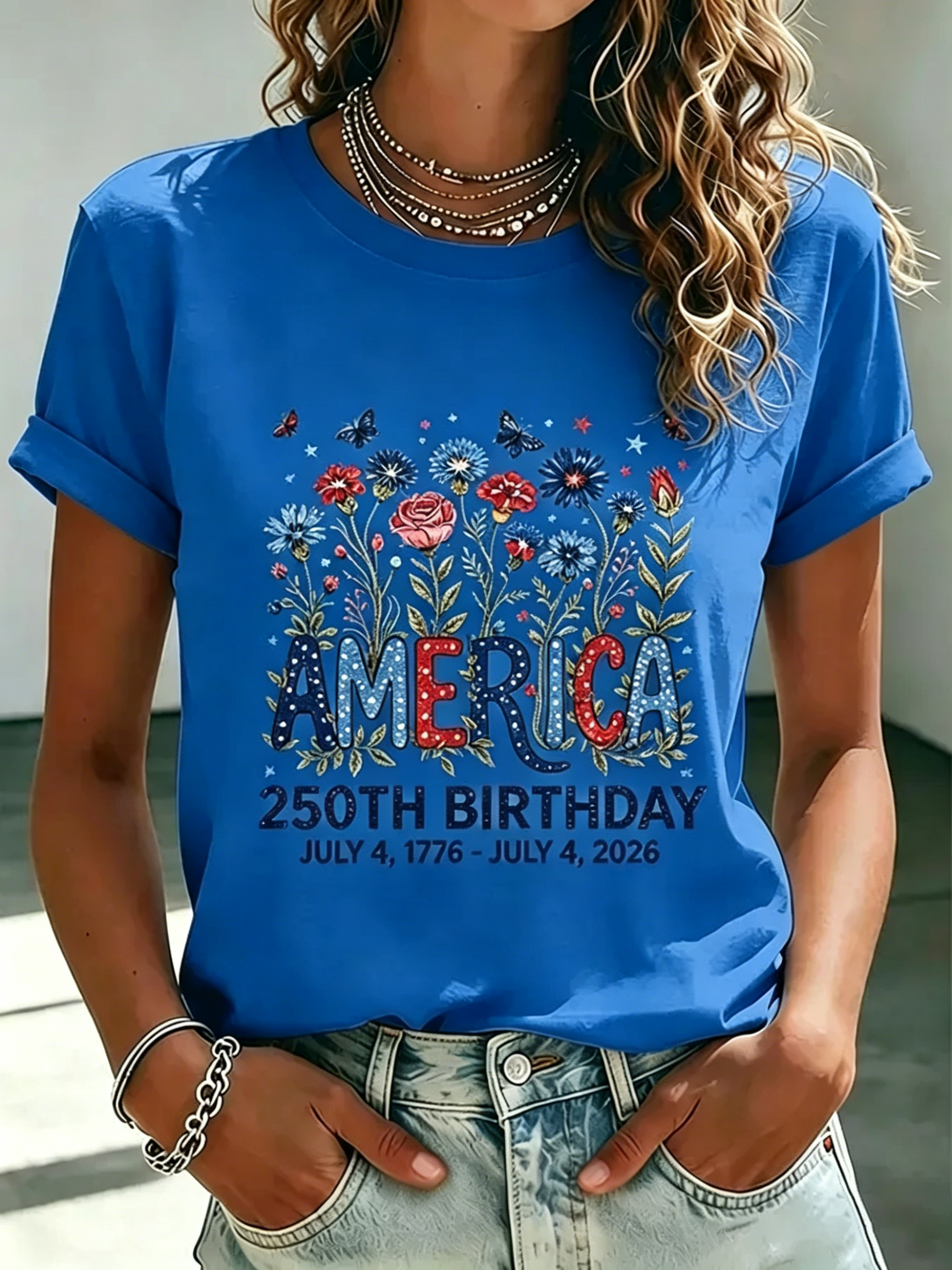 Women's 250 Years Of Freedom Flower Art Print T-shirt