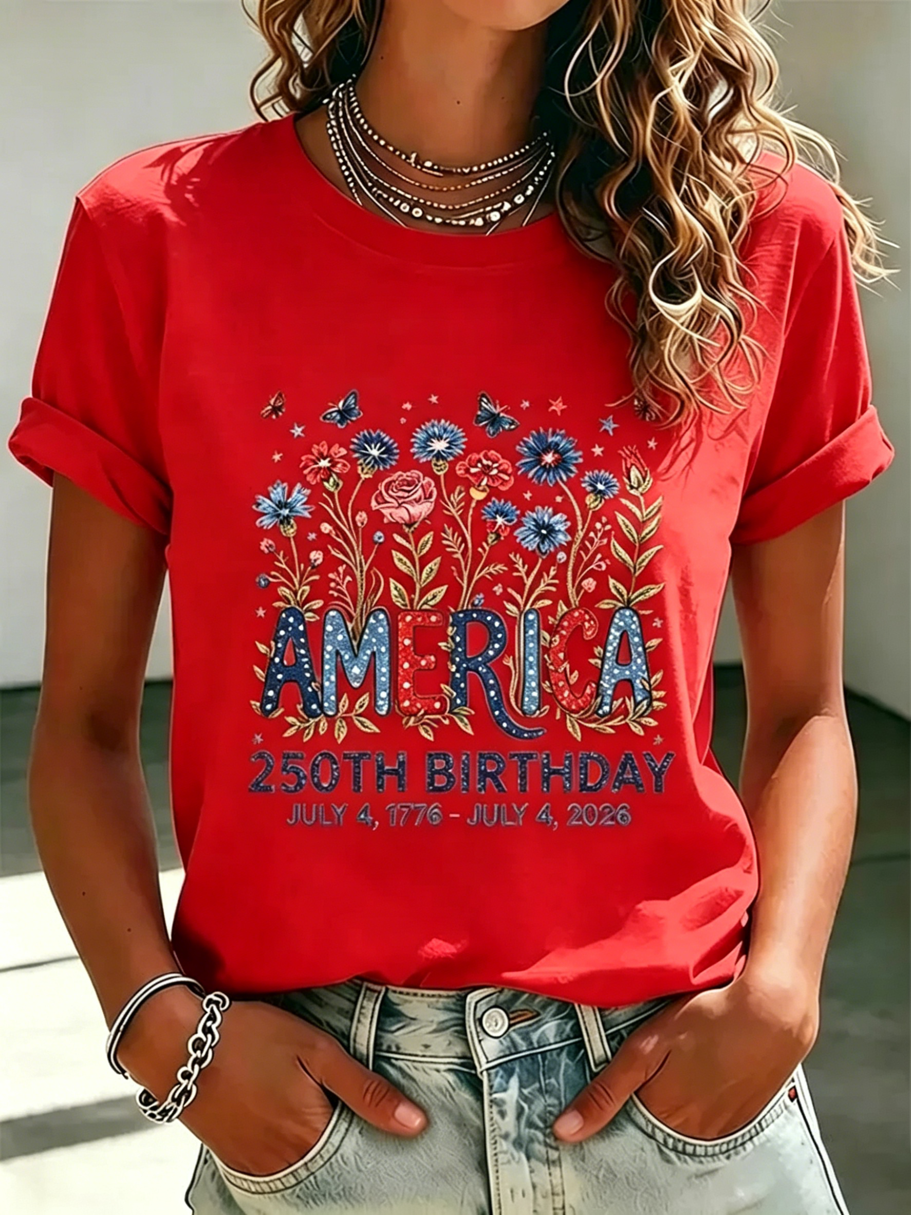 Women's 250 Years Of Freedom Flower Art Print T-shirt