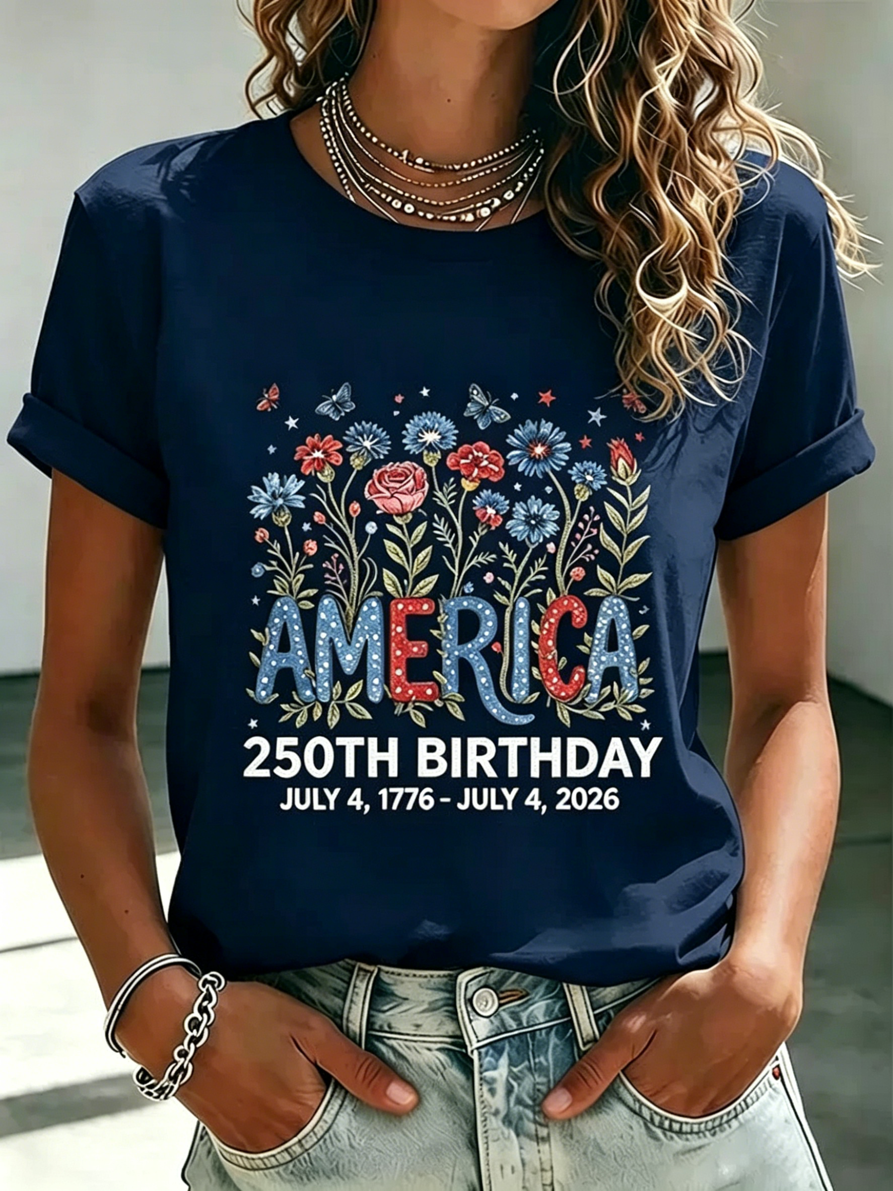 Women's 250 Years Of Freedom Flower Art Print T-shirt