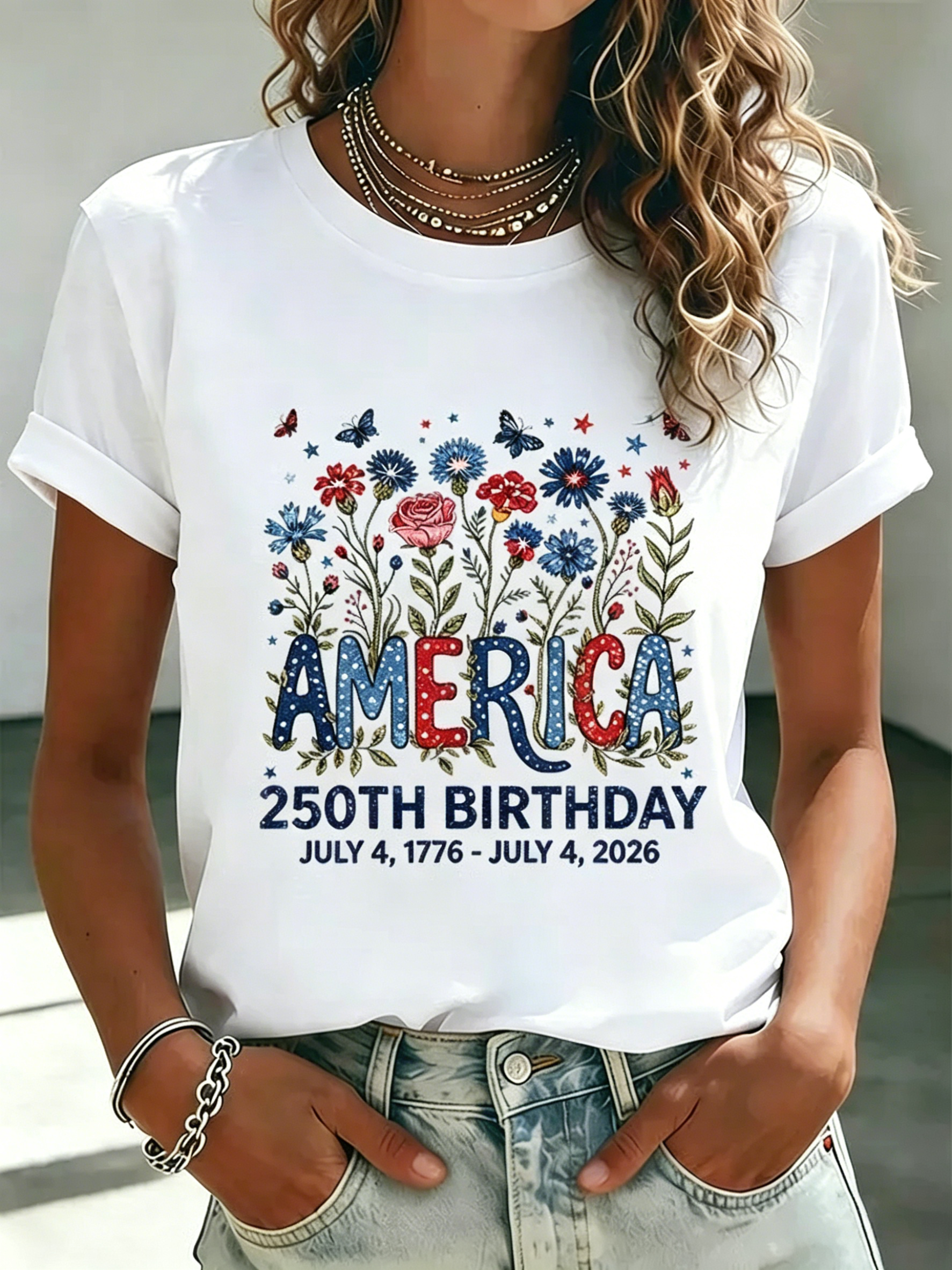 Women's 250 Years Of Freedom Flower Art Print T-shirt