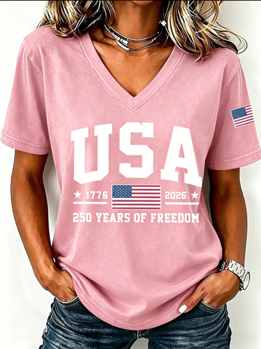 USA 250 Years of Freedom V-Neck T-Shirt – Vintage Washed Denim Blue with American Flag Print, Casual Patriotic Short Sleeve Top