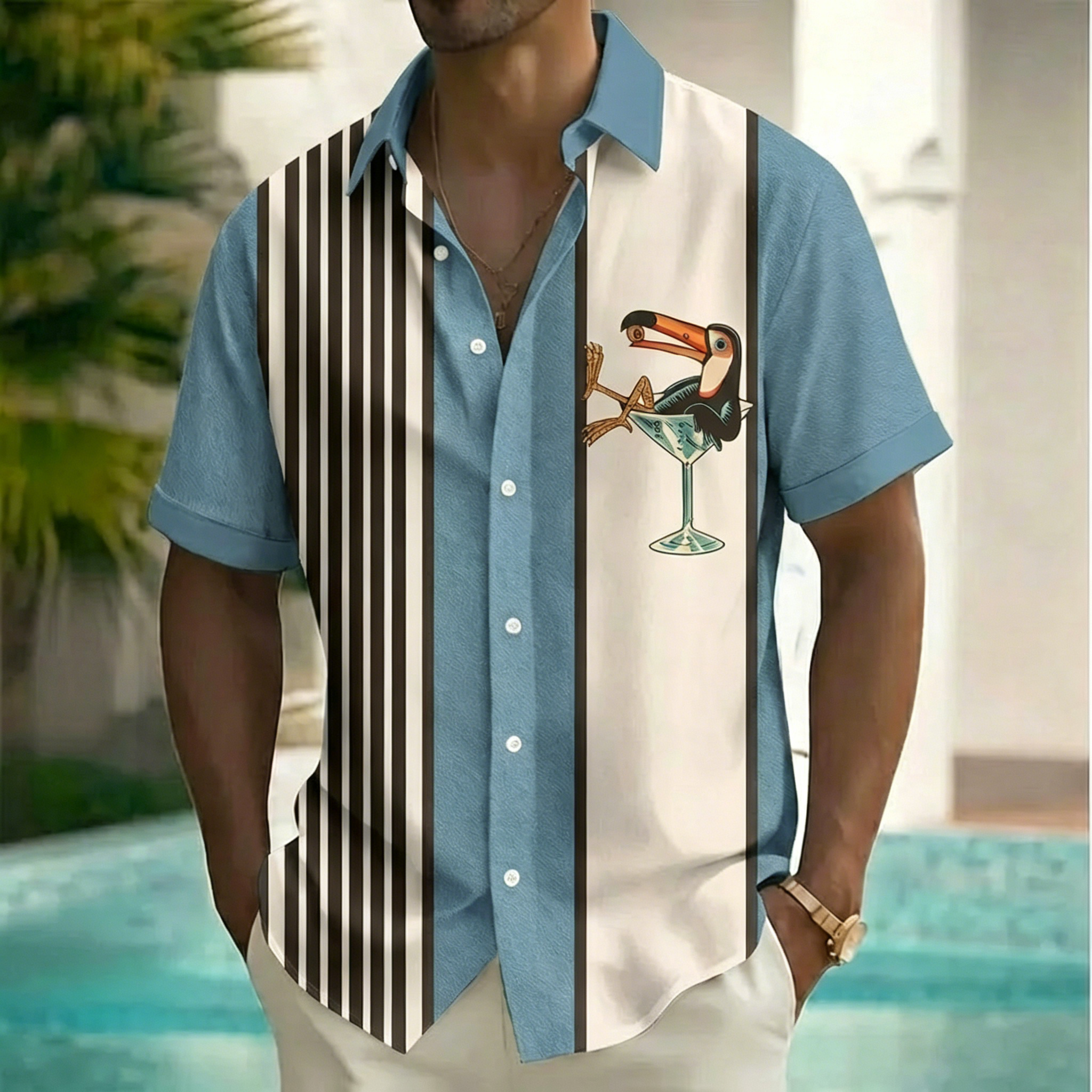 Men's Retro Striped Toucan Cocktail Print Short Sleeve Button Down Shirt, Color Block Tropical Summer Beach Casual Shirt