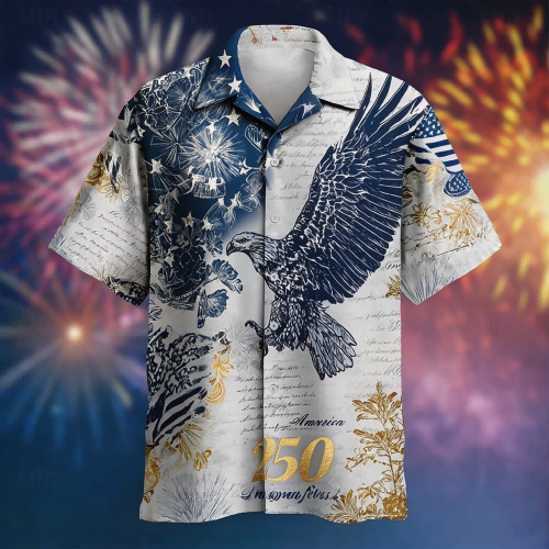 USA 250th Anniversary Button-Down Hawaiian Shirt – Vintage Eagle & Firework American Flag Print, Patriotic Short Sleeve Casual Top