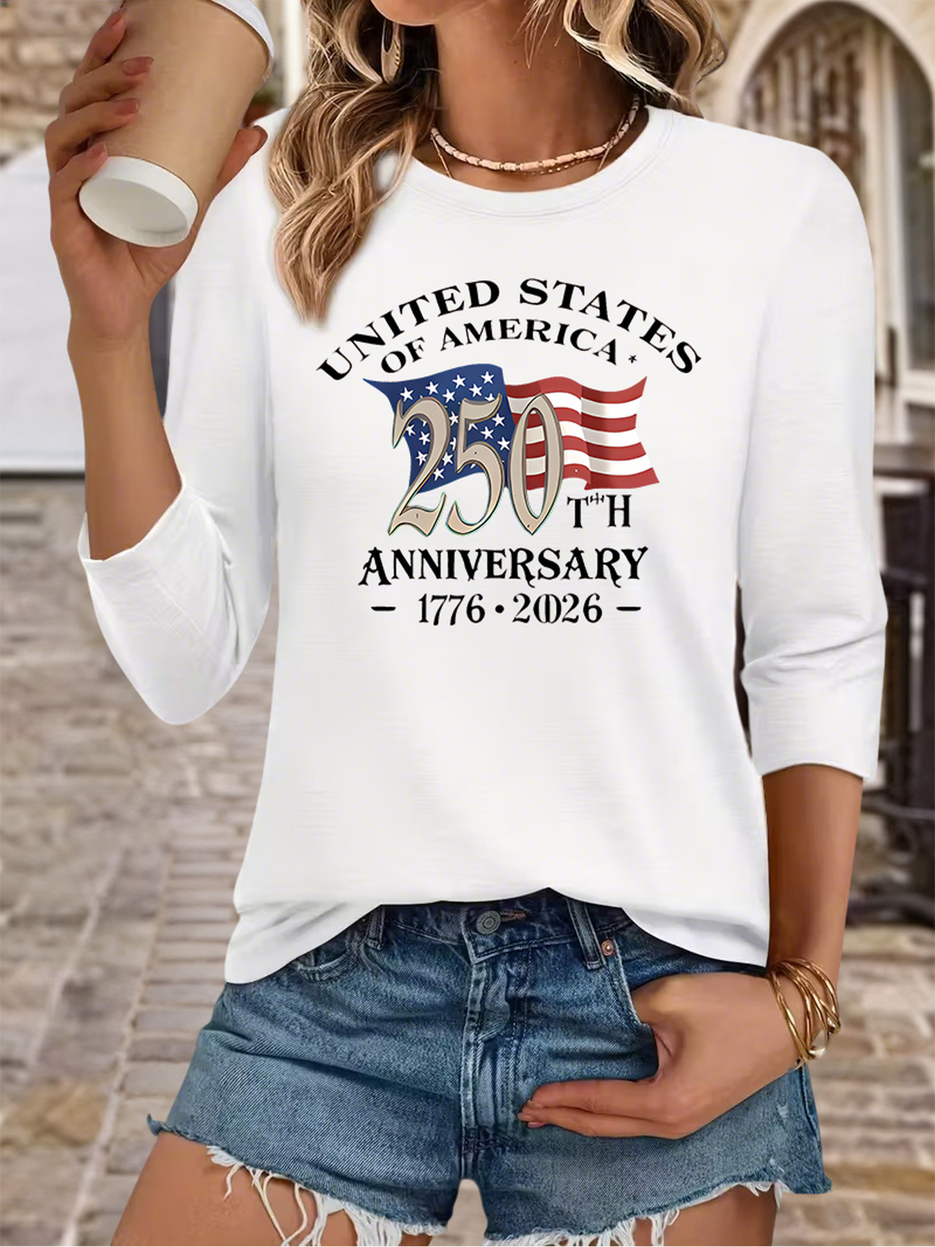 Women's USA 250th Anniversary 1776-2026 Flag Print 3/4 Sleeve Casual T-Shirt