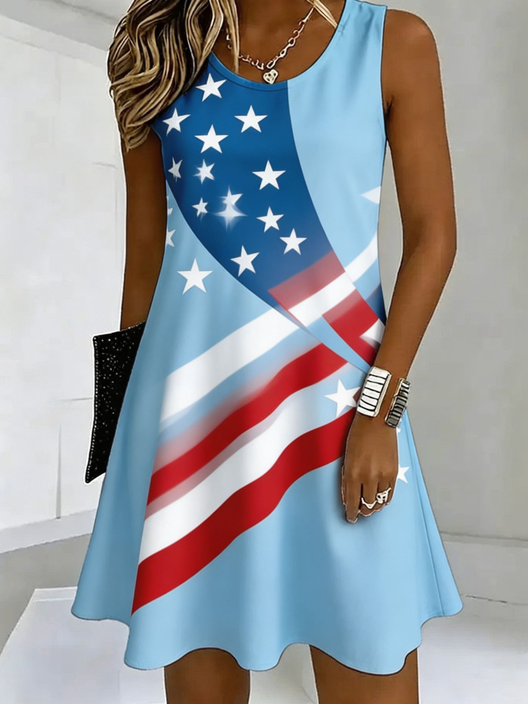 USA Flag Inspired Star Print Sleeveless Summer Casual Dress