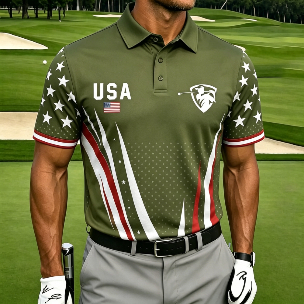 [Copy]Men's USA Flag Print Quarter-Zip Polo Shirt, Patriotic Short Sleeve Golf Top