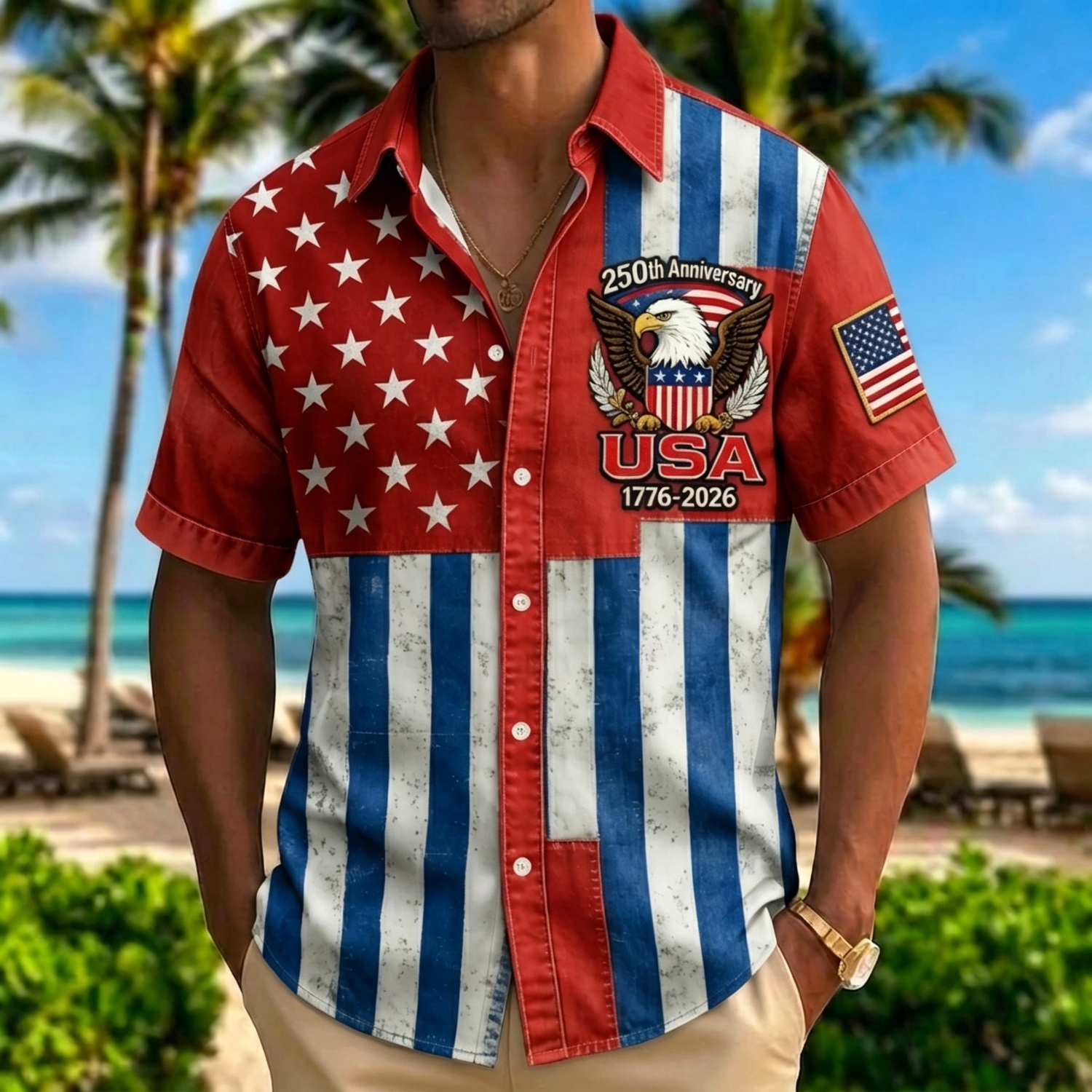 Retro Star & Stripe USA Eagle Hawaiian Shirt – Distressed Denim Flag Design with 1776-2026 Patch, Beach Vacation Top