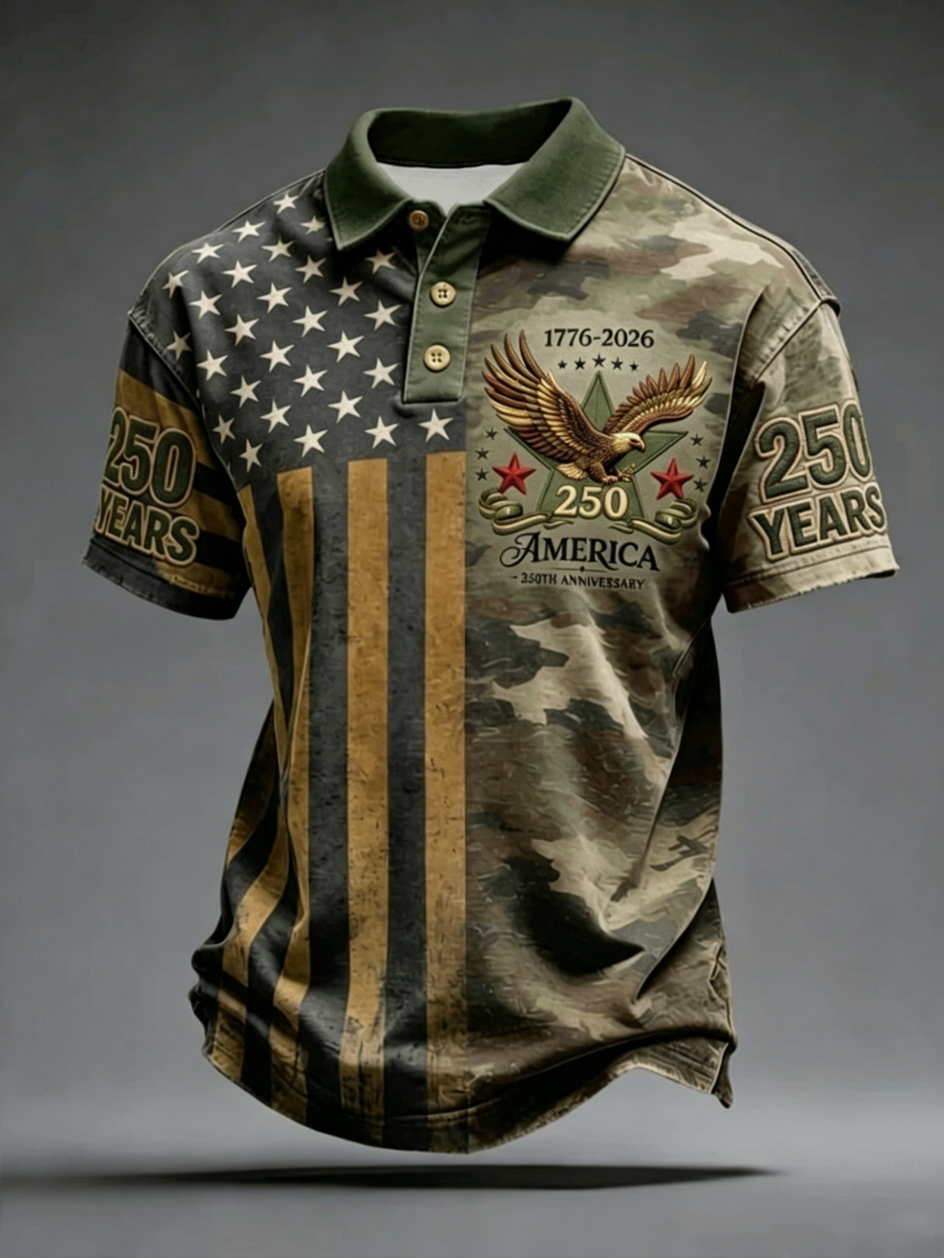 USA 250th Anniversary Camo & Flag Golf Polo Shirt – Split Design American Eagle Print, Patriotic Quick Dry Short Sleeve Casual Top