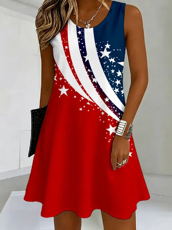 USA Flag Inspired Star Print Sleeveless Summer Casual Dress