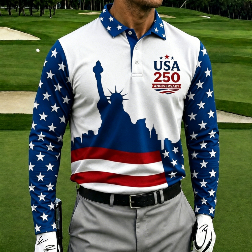 USA 250th Anniversary Long Sleeve Golf Polo Shirt – Statue Of Liberty & Star Flag Color Block Print, Breathable Sports Casual Top