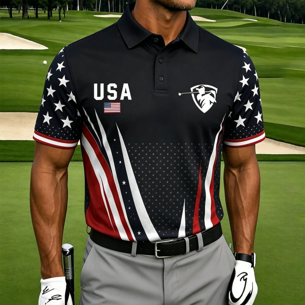 [Copy]Men's USA Flag Print Quarter-Zip Polo Shirt, Patriotic Short Sleeve Golf Top