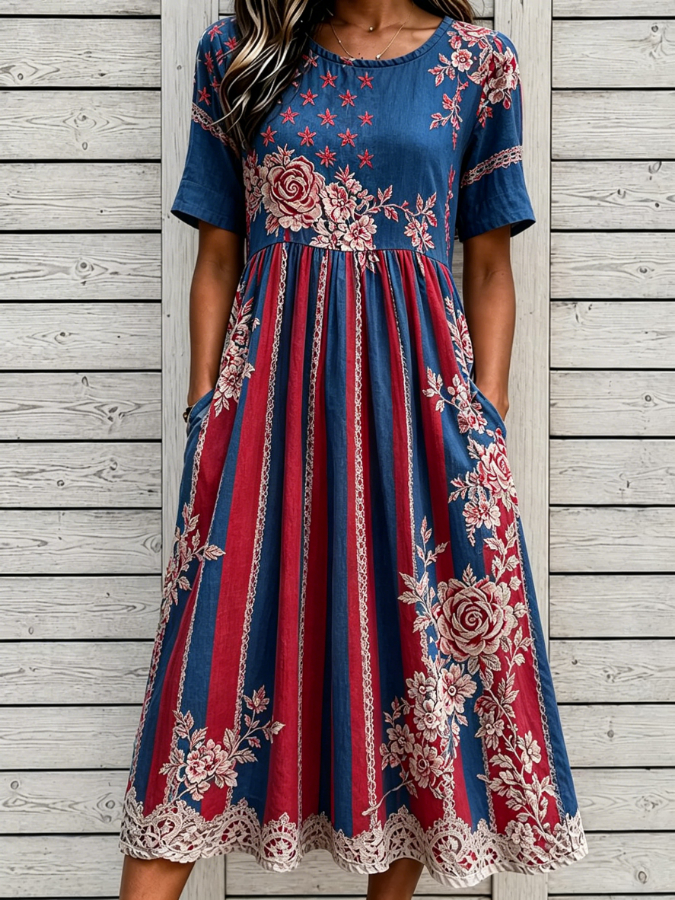 Patriotic Flag & Floral Print Short Sleeve Lace Trim Midi Dress