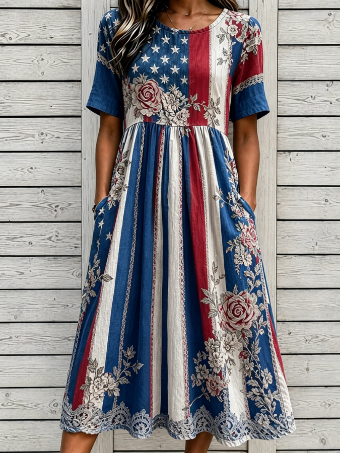 Patriotic Flag & Floral Print Short Sleeve Lace Trim Midi Dress