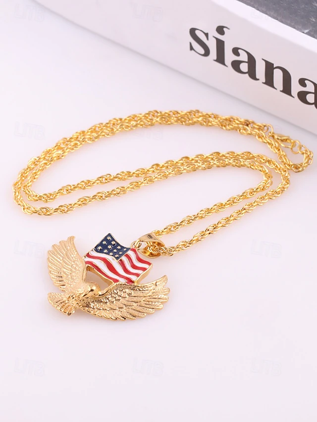 American Flag Eagle Pendant Necklace – Gold/Silver Plated Patriotic Jewelry, USA Pride Waving Flag & Bald Eagle