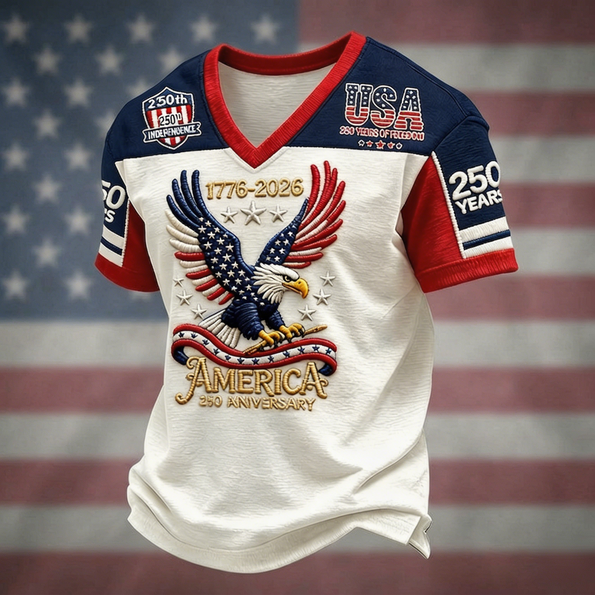 USA 250th Anniversary V-Neck Raglan Tee – Stand For The Flag Kneel For The Cross Cross & US Flag Print, Patriotic Short Sleeve Casual Top