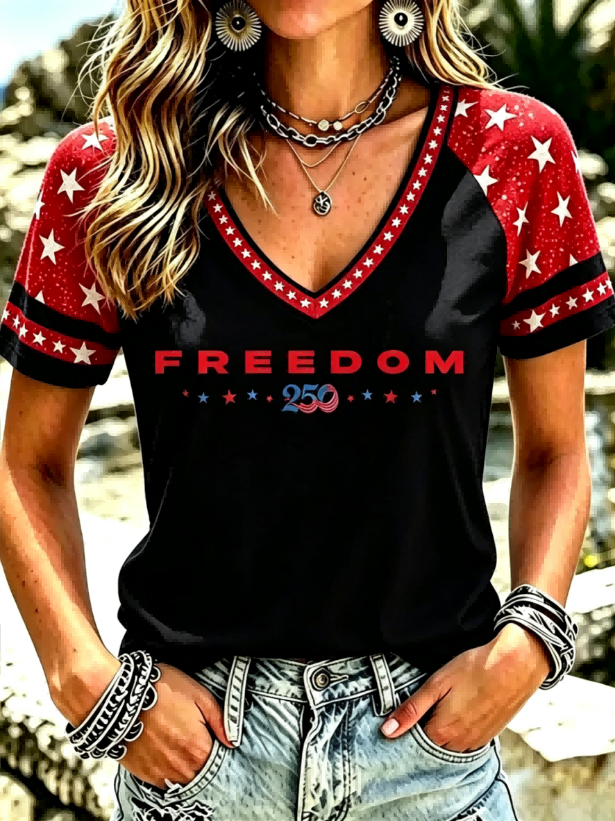 Freedom 250 Star Print Raglan V-Neck Patriotic T-Shirt