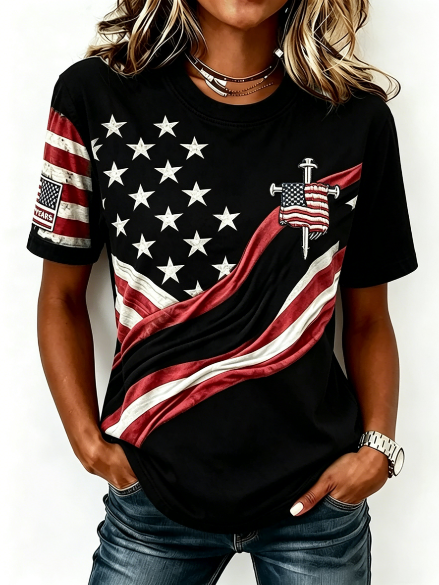USA Flag Star Print 250th Anniversary Casual Denim-Style T-Shirt