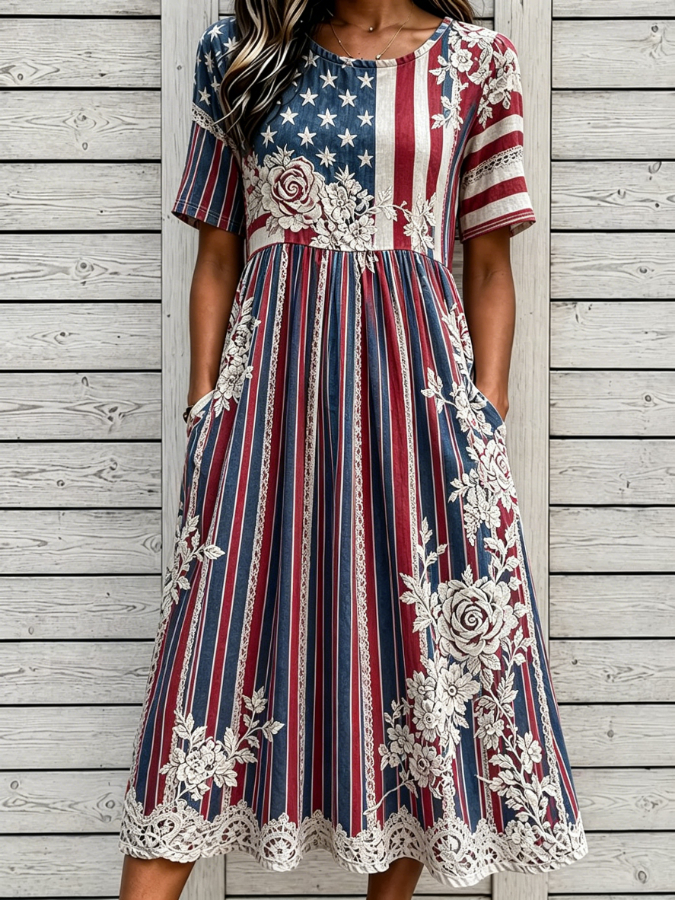 Patriotic Flag & Floral Print Short Sleeve Lace Trim Midi Dress