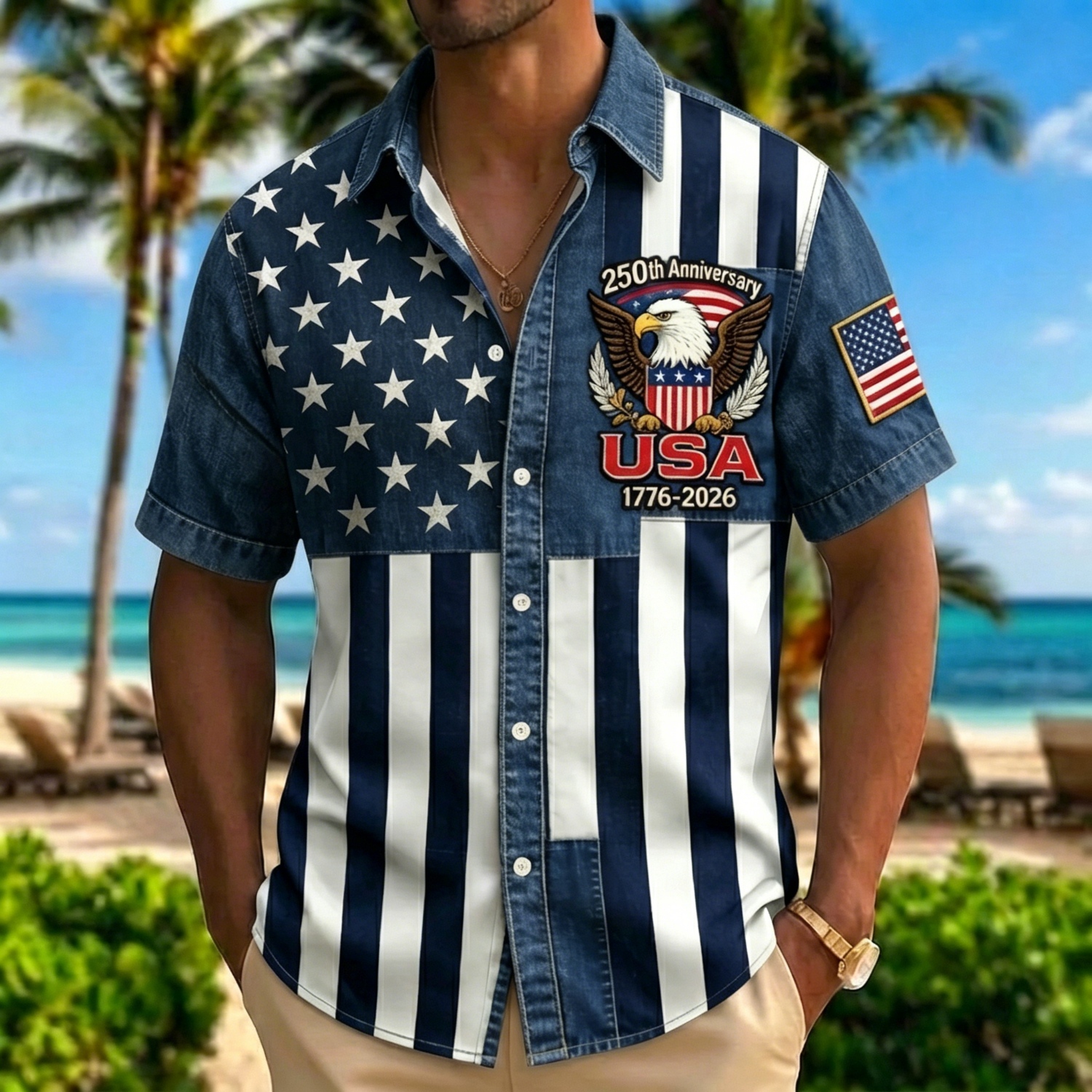 Retro Star & Stripe USA Eagle Hawaiian Shirt – Distressed Denim Flag Design with 1776-2026 Patch, Beach Vacation Top