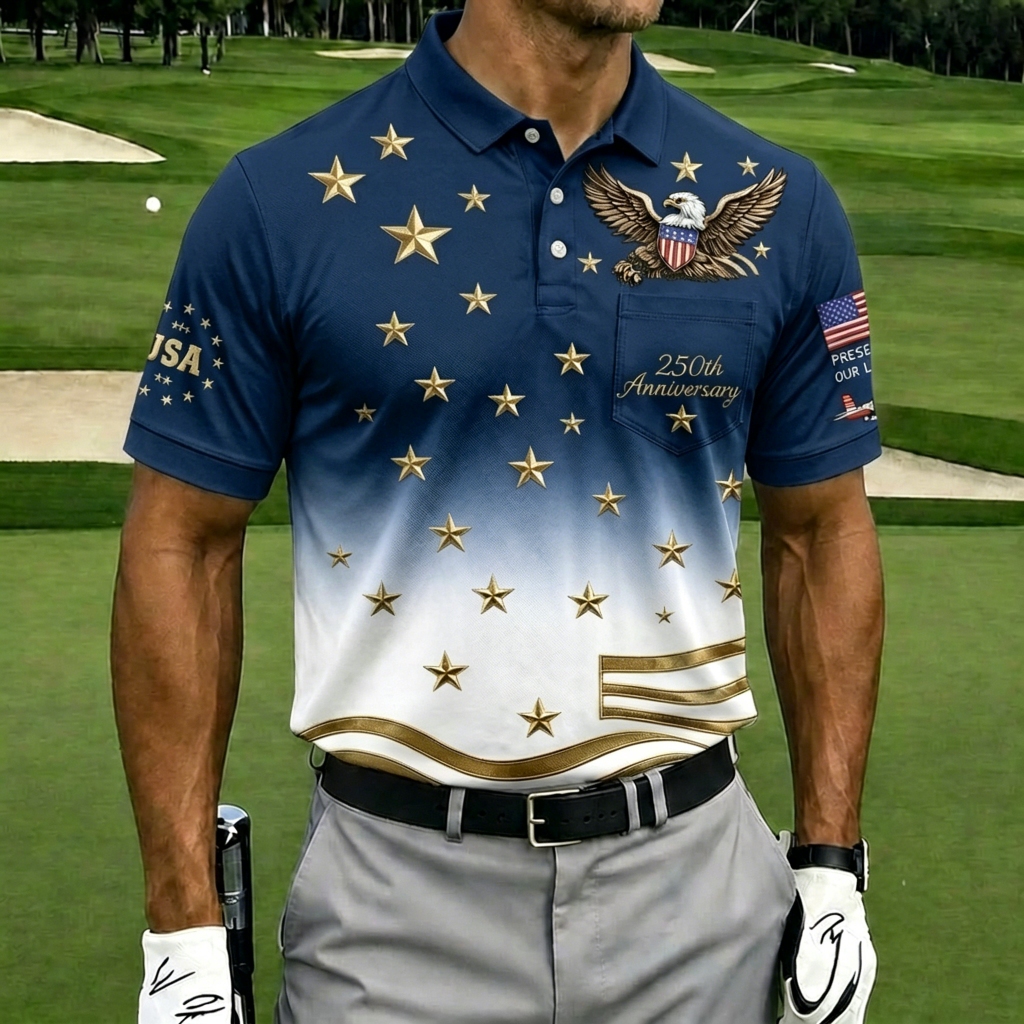USA 250th Anniversary Patriotic Eagle Golf Polo Shirt, Men's Casual Top with Gradient Gold Star Print