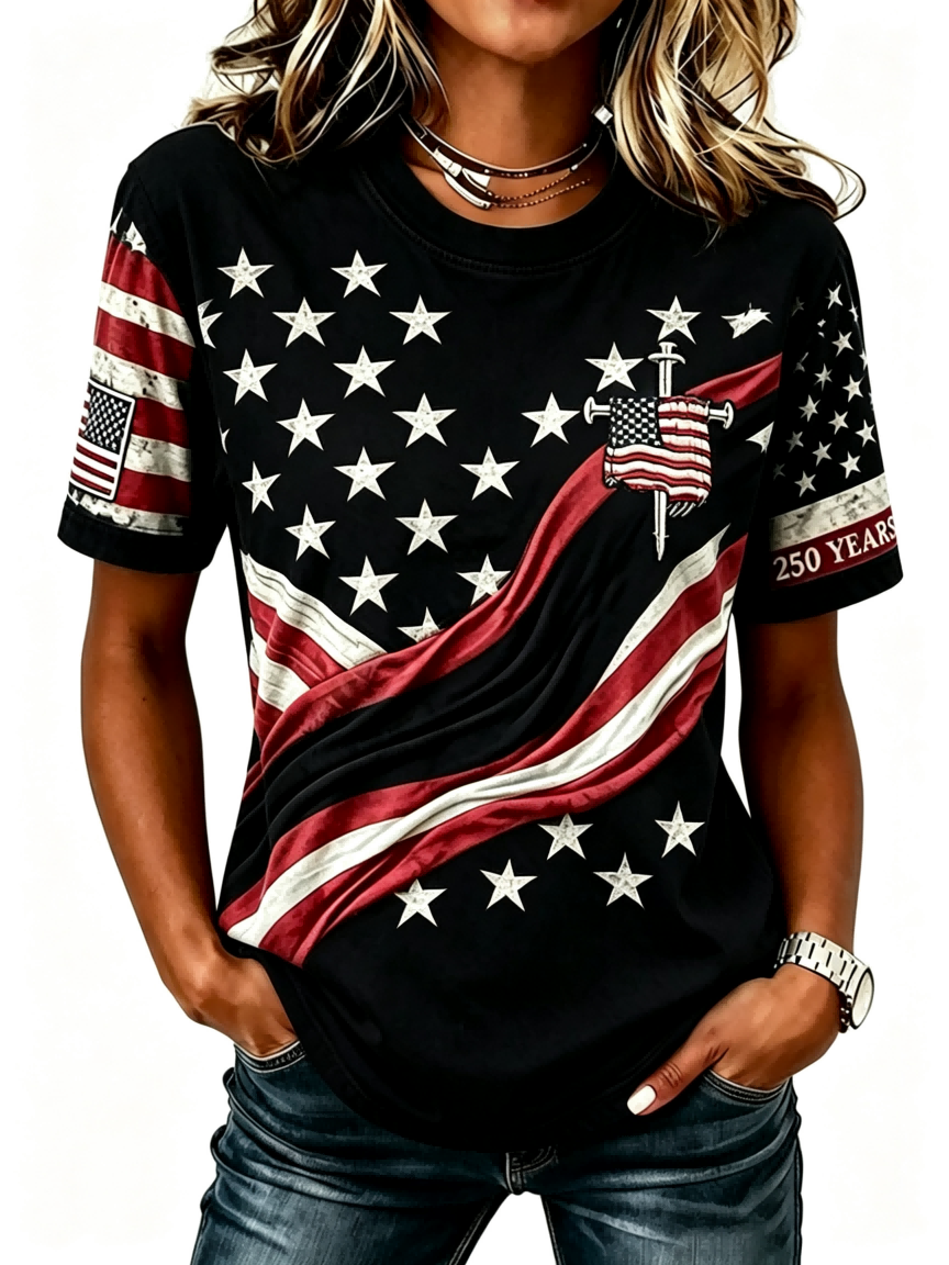 USA Flag Star Print 250th Anniversary Casual Denim-Style T-Shirt