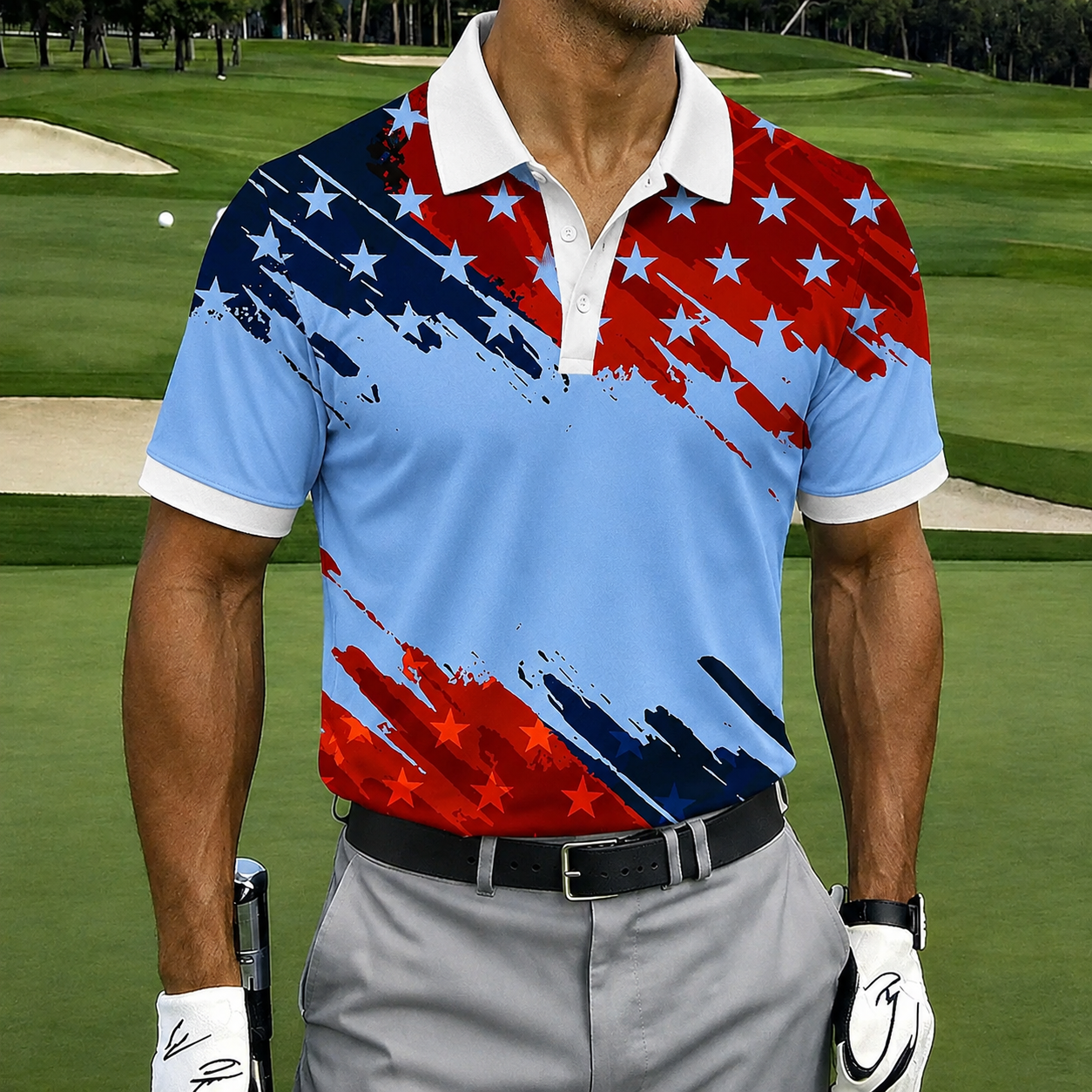 Retro Grunge USA Flag Mens Polo – Diagonal Paint Splash Star Stripe Graphic, Quick Dry Summer Sports Casual Top