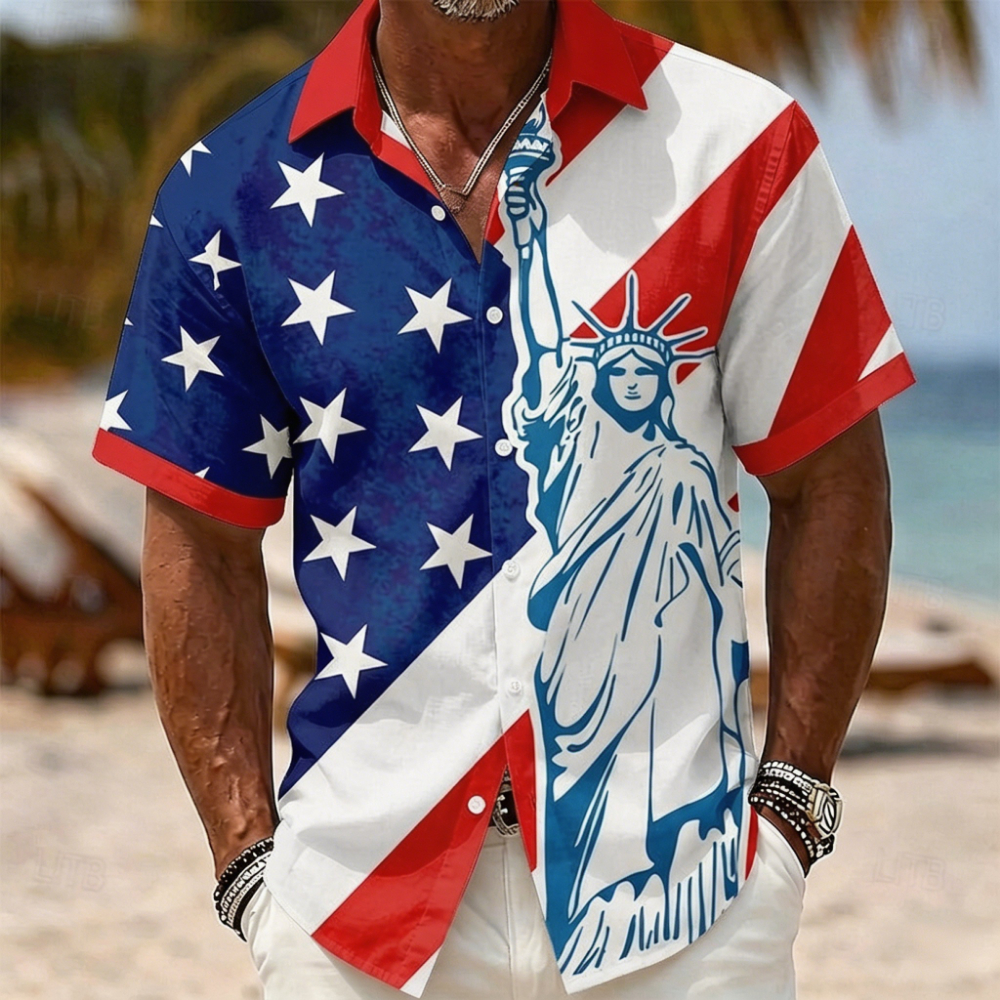 Vintage American Flag Paint Stroke Shirt – Patriotic Red White Blue Star Stripe Print, Mens Lightweight Vacation Casual Top