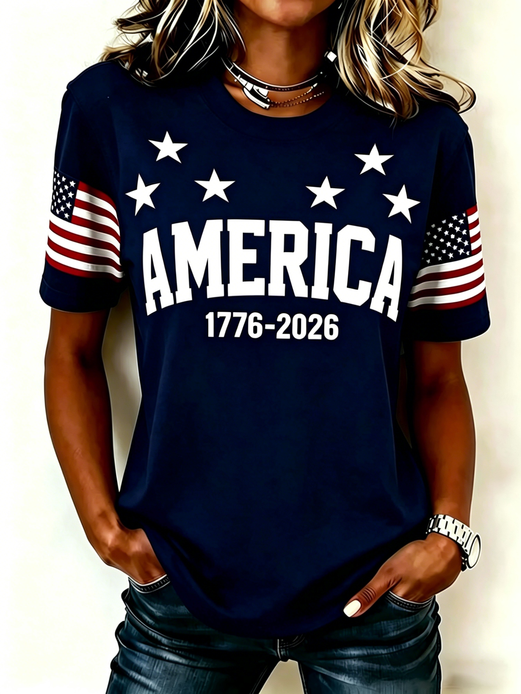Retro USA Flag Sleeve Tee – "AMERICA 1776-2026" Text with Star Detail, Crew Neck Casual Top