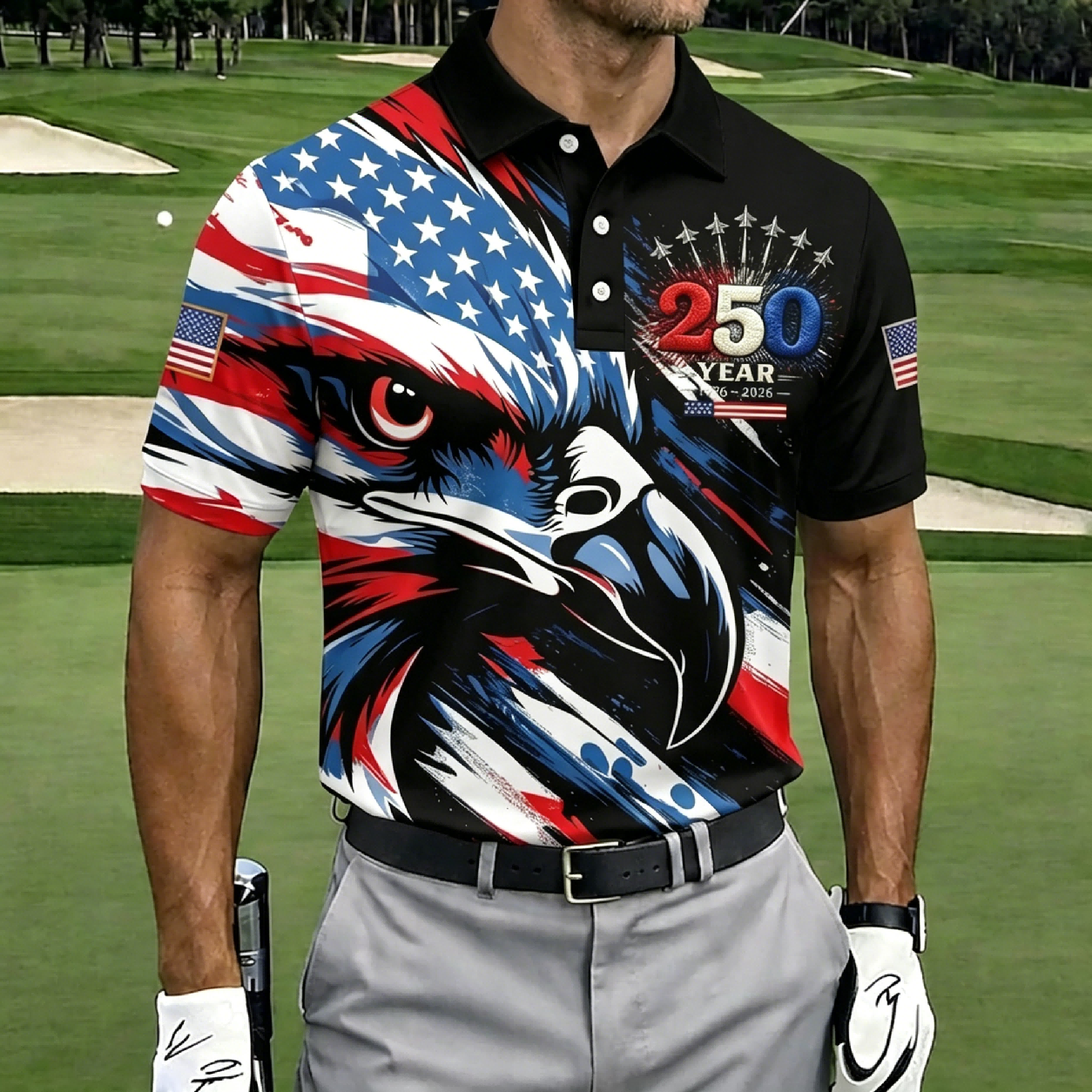 USA Patriotic Performance Golf Polo Shirt – Split Flag & Eagle Seal Print, Breathable Short Sleeve Casual Top
